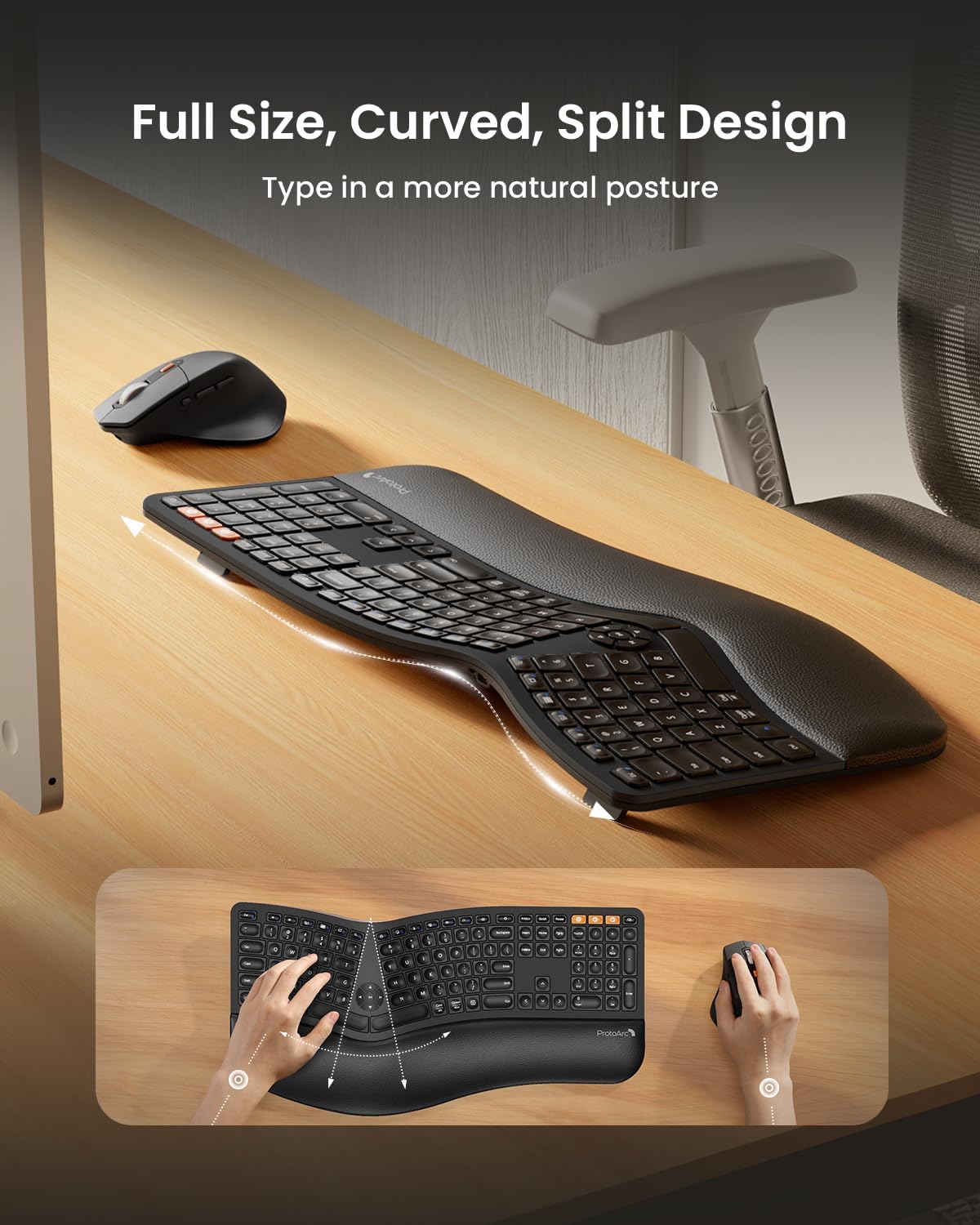 ProtoArc Ergonomic Wireless Keyboard Mouse, EKM01 Plus Full Size Ergo Bluetooth Keyboard Mouse Combo, Split Design, Wrist Rest, Multi-Device, Rechargeable, for Windows/Mac OS - Black
