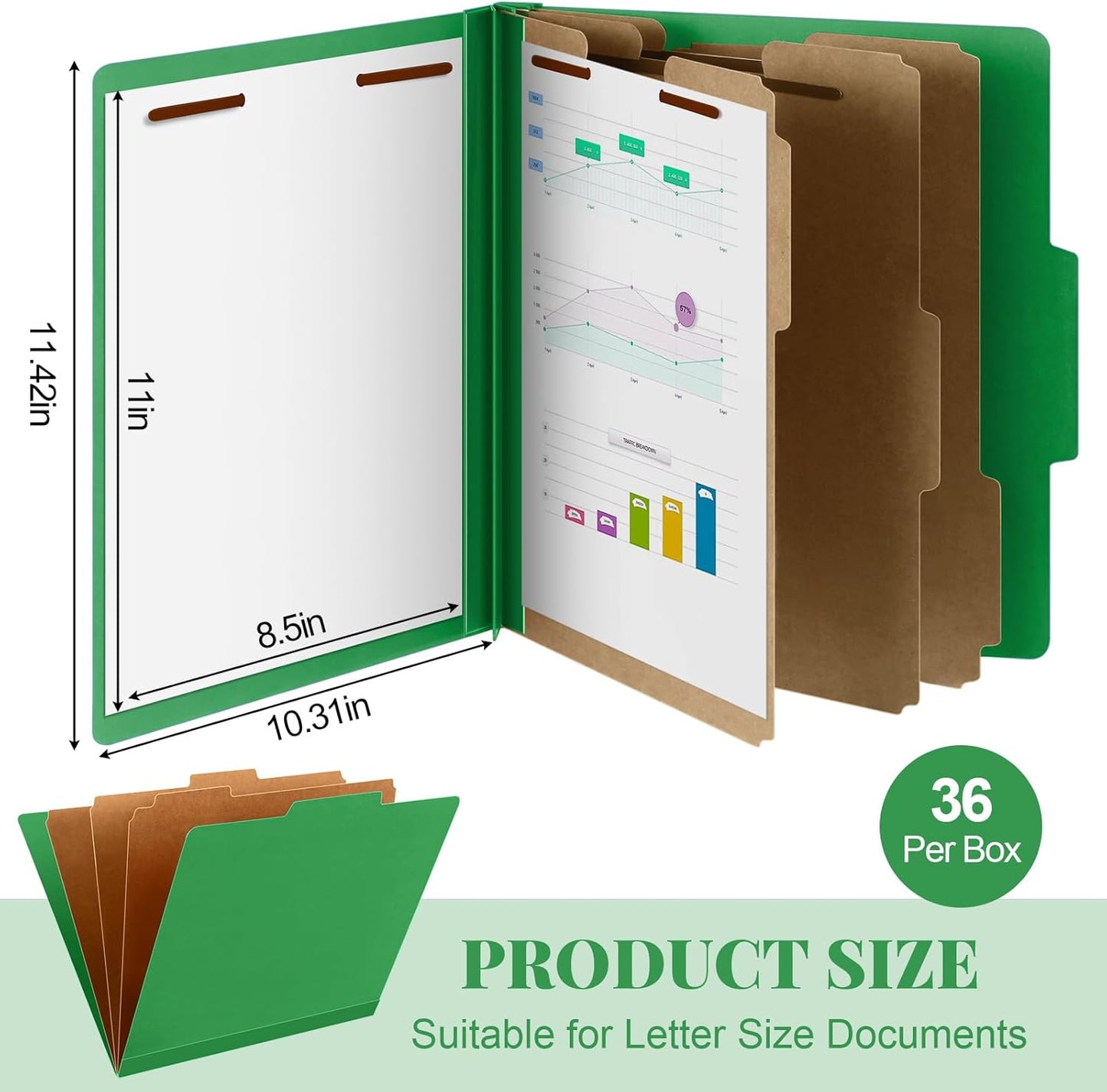 36 Pcs Classification Folders Letter Size, 3 Divider Pressboard File Folder with Fasteners, Expanding File Organizer Bulk for Teachers, Clergy, Office, Church, Christmas Donations (Green)