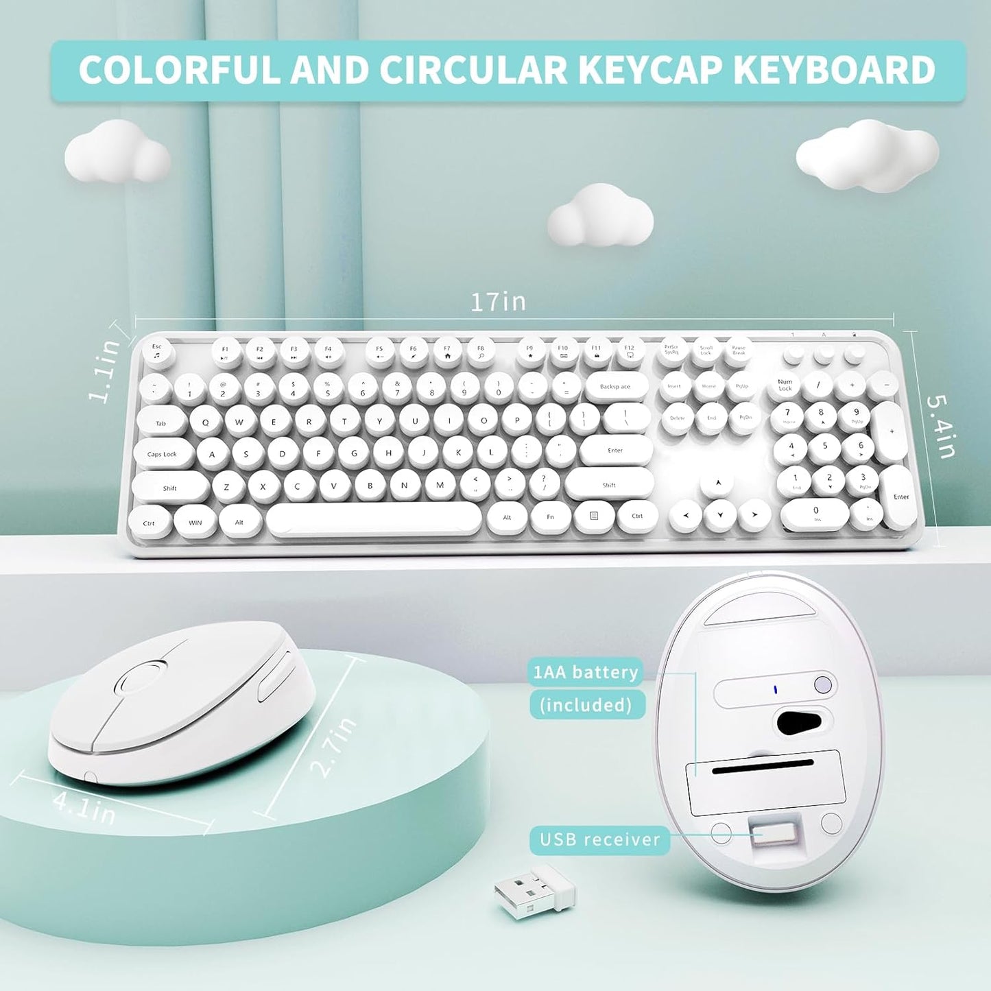 Wireless Keyboard and Mouse Combo, Ergonomic Full Size Typewriter Retro Round Keycaps Keyboard, Compatible with Windows, PC, Perfer for Home and Office Keyboards（White）