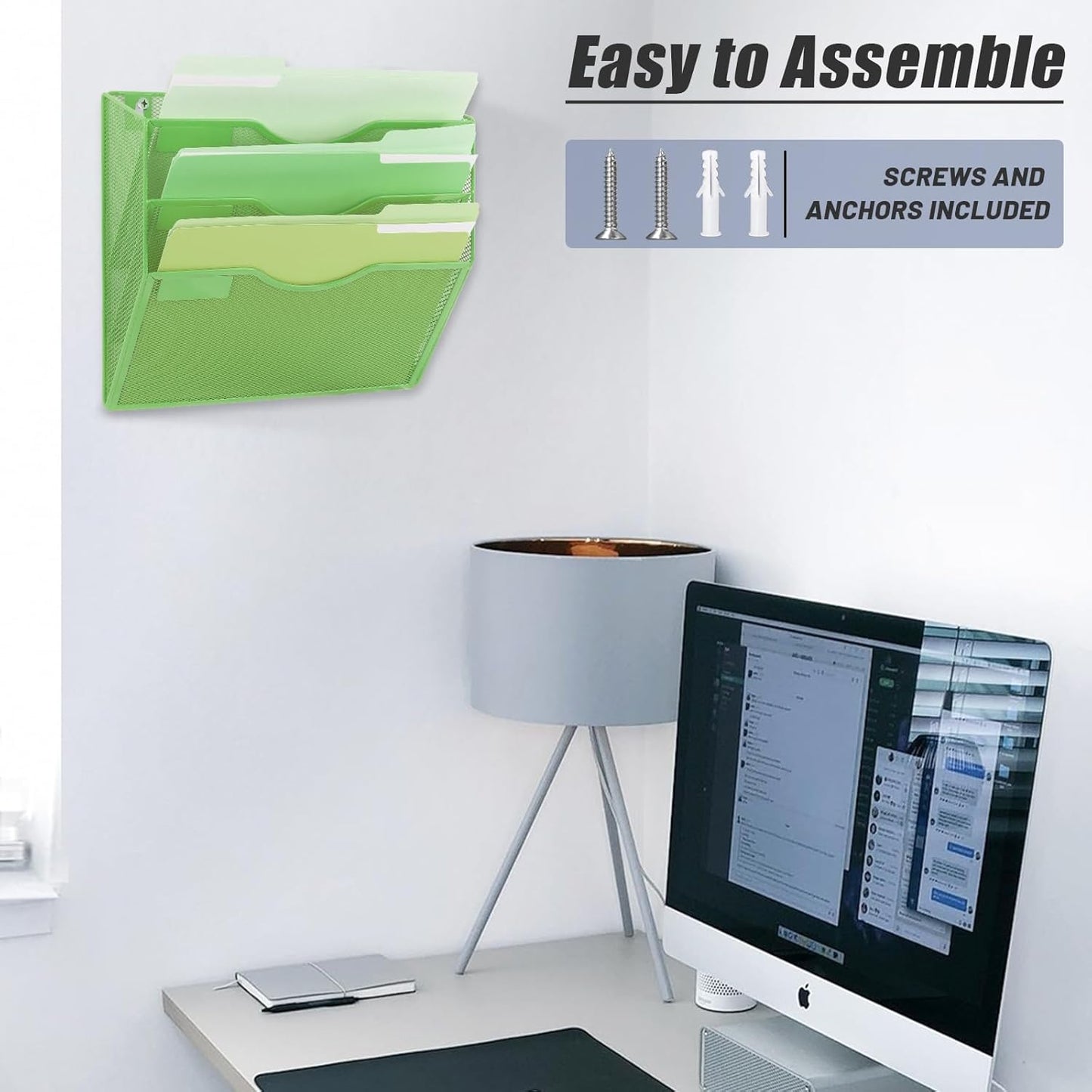 EASEPRES 3 Pocket Mesh Hanging Wall File Organizer, Wall Mounted Mail Paper Document Folder Holder, Clipboard Storage Organization Magazine Rack with Nametag Label for Office Home School, Green