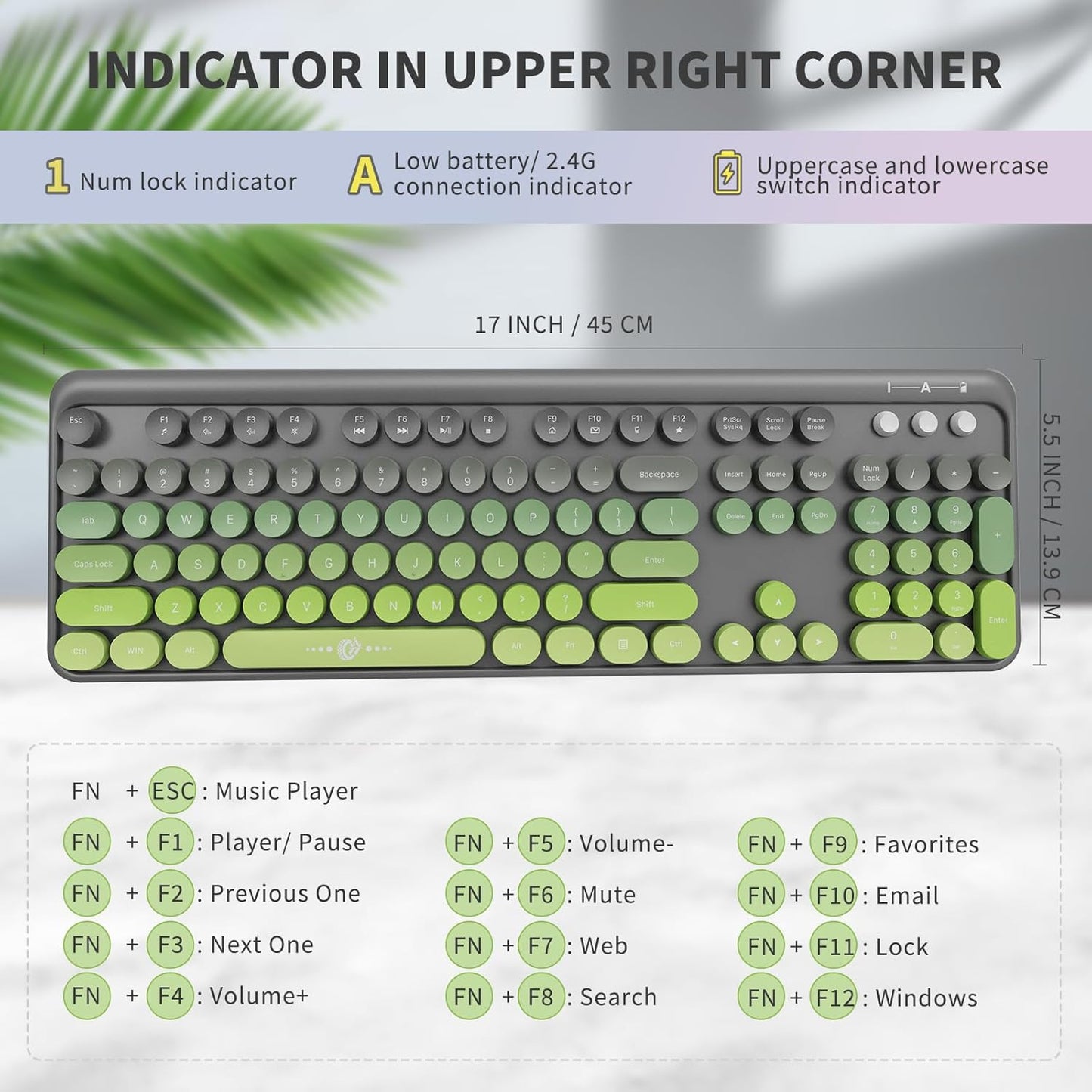 FD Wireless Keyboard and Mouse Combo | Cute Colorful Keyboard and Mouse with 2.4GHz Cordless Retro Typewriter Keyboard | Auto-Sleep | USB Receiver for Windows PC/Laptop - Grey Green Gradient