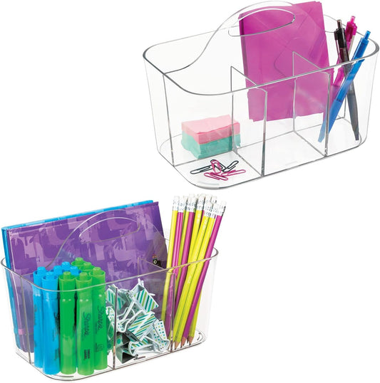 mDesign Plastic Small Office Storage Organizer Utility Tote Caddy with Handle for Cabinets, Desks, Workspaces - Holds Desktop Office Supplies, Pencils, Staplers Lumiere Collection, 2 Pack, Clear