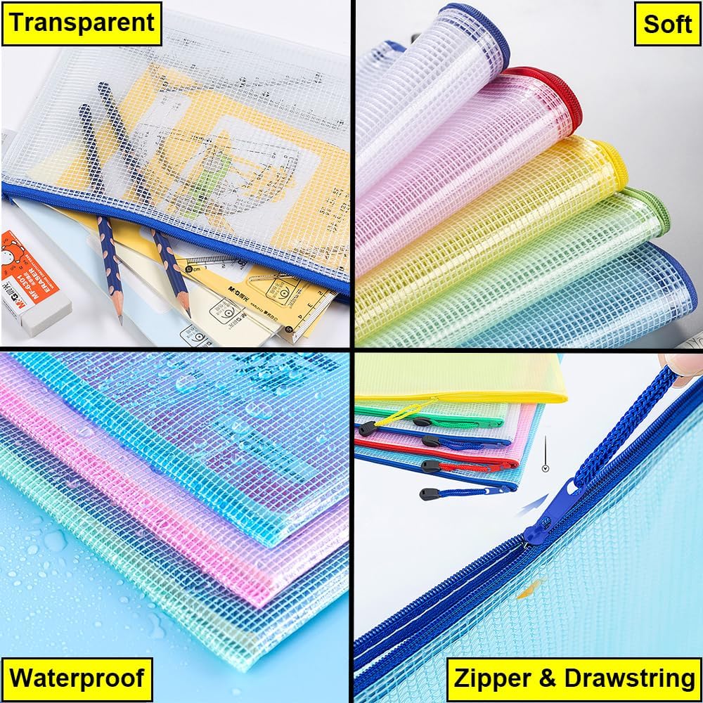 AUSTARK 10 Pcs Zipper File Bags, Waterproof Plastic Mesh Pouch for Office School, Board Game Storage Bags (B6 Size 7.6''x5.3'', Multicolored)