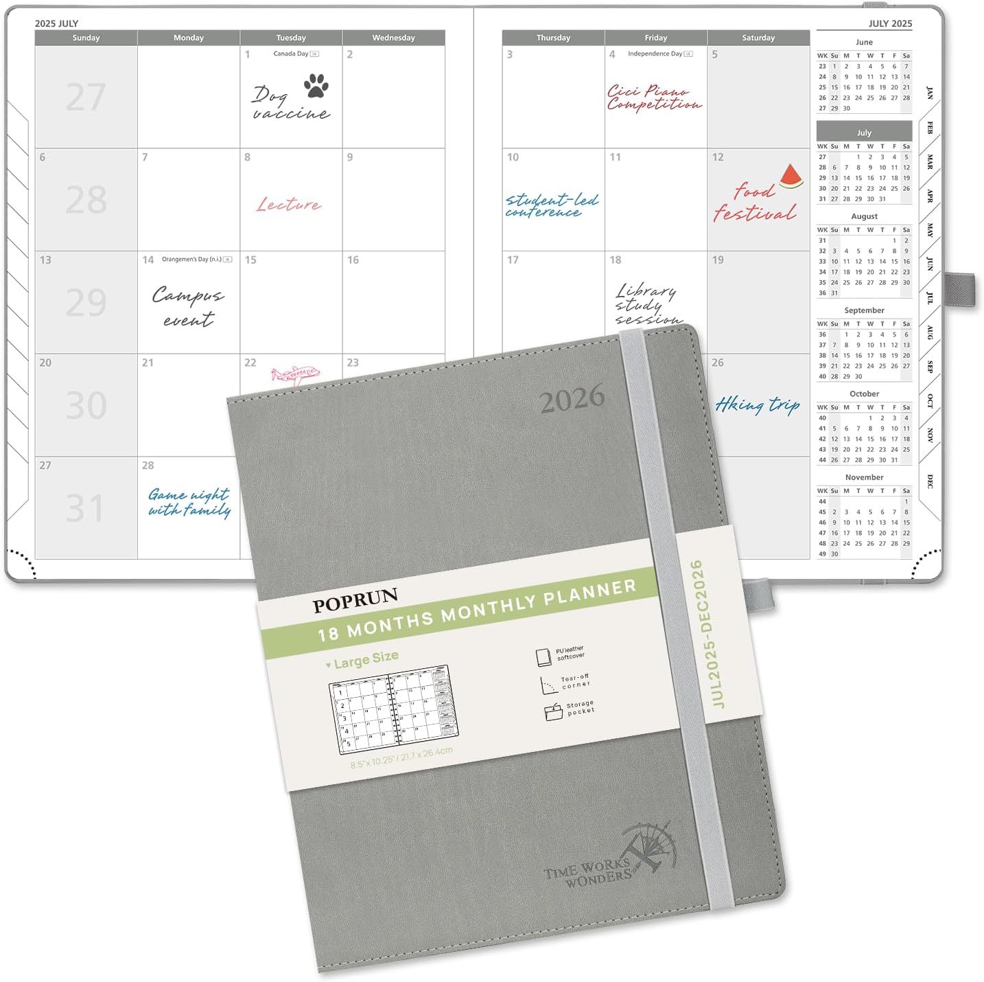 POPRUN Monthly Planner 2025-2026 (Large- 8.5" x 10.5" Soft Cover), 18-Month Calendar Book (Jul.2025-Dec.2026), Calendar Planner with Monthly Tabs & Pocket, 100 GSM Paper - Grey