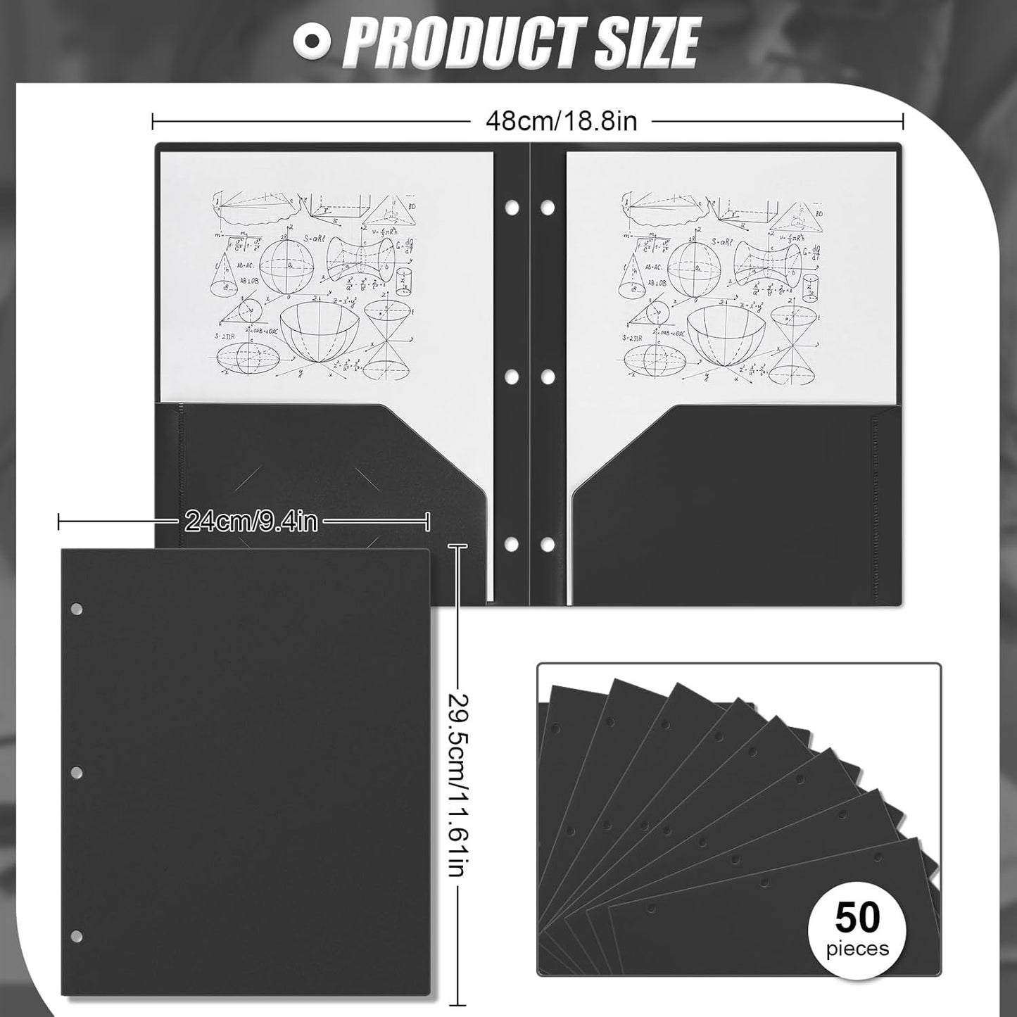 Yeaqee 50 Pcs Plastic Folders with Pockets Bulk 3 Hole Punched 2 Pocket File Folders for 3 Ring Binder Divider Folder for Notebooks, Durable Poly for Office Home (Black)