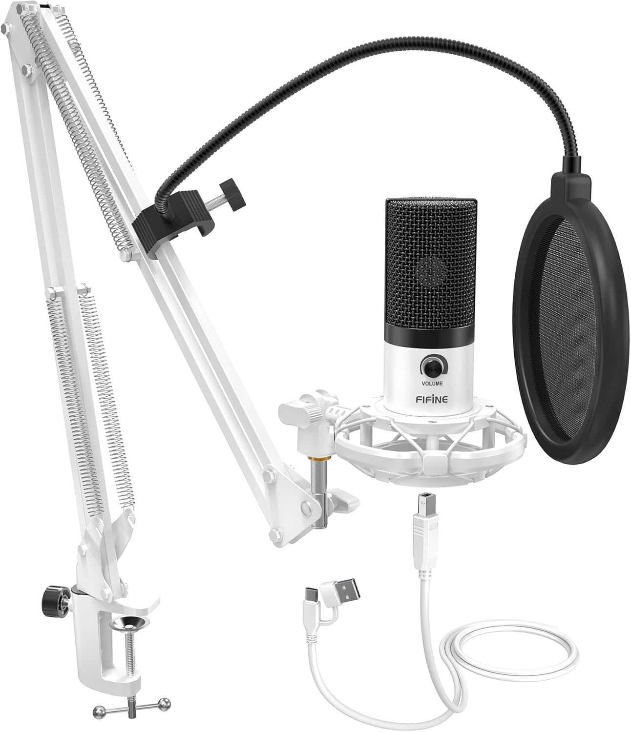 FIFINE USB Recording Microphone Kit, Studio Condenser Microphone for Vocals Music Creation, Voice-Over, Singing with Metal Boom Arm, 16mm Diaphragm, Podcast Mic Set-T669 White