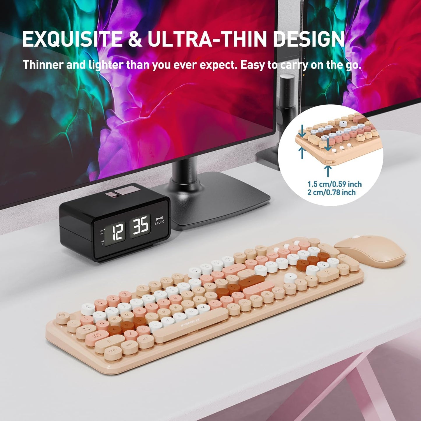 Cute Retro Wireless Keyboard and Mouse Combo with Round Key, 2.4Ghz Dropout-Free Connection, Typewriter Wireless Keyboard and Mouse Set for PC, Laptop, Desktop Computer - Brown Colorful