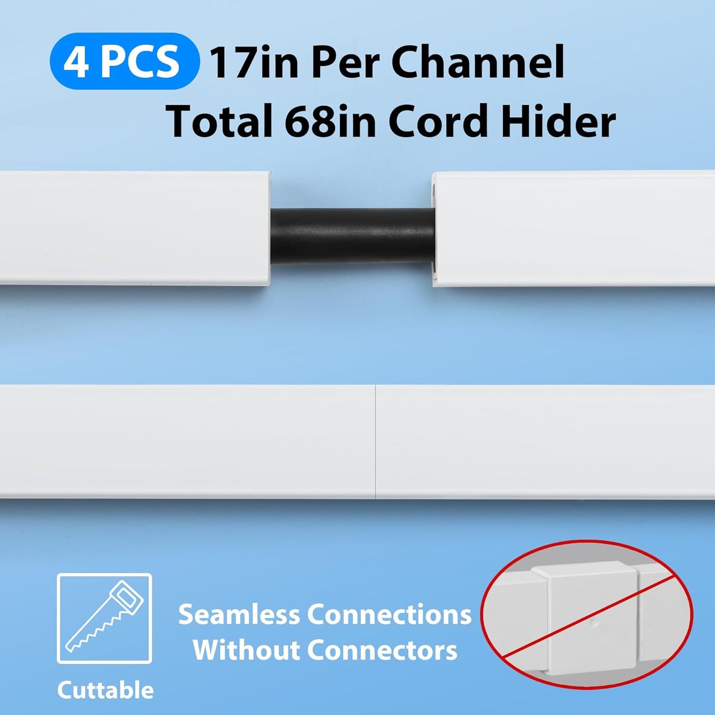 Cord Hider Wall for One Cord 136in, ZhiYo Cord Covers for Wires on Wall, Easy Install Cable Cover Wall, Black Cable Raceway Hide Cords, Cable Hider Cord Management Wall, 8X L17in, W0.6in H0.4in
