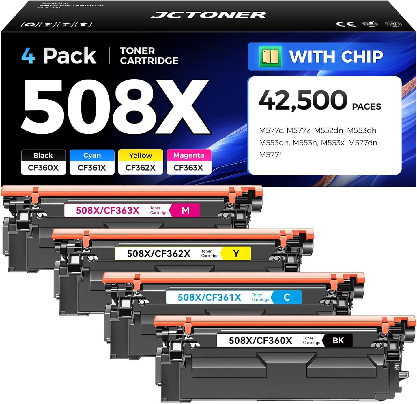 508X Toner Cartridge Set 4-Pack High Yield Replacement for HP 508X 508A CF360X CF361X CF362X CF363X Color Laserjet M552dn M553dh M553dn M553n M553x MFP M577dn M577f M577c M577z Printer Ink Black Copy