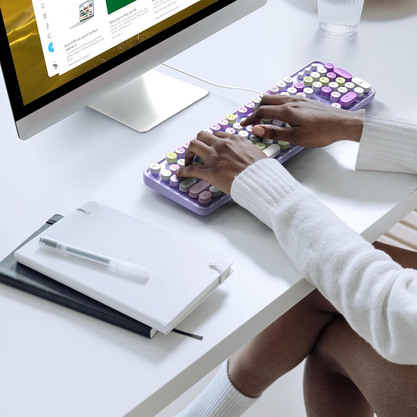 Computer Wired Keyboard, Plug Play USB Full-Size Keyboard with Large Number Pad, Caps Indicators, Foldable Stands, for Windows 7/8/10 PC Laptop (Purple Colorful)