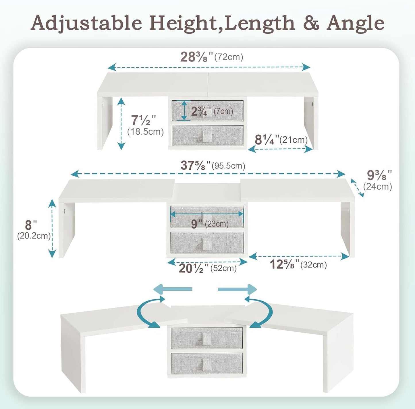 TEAMIX Dual Monitor Stand Riser with 2 Drawers - Length and Angle Adjustable White Monitor Stand with Storage Large Computer Riser for 2 Monitors/Laptop/PC, Wood Screen/TV Stand Desk Organizer