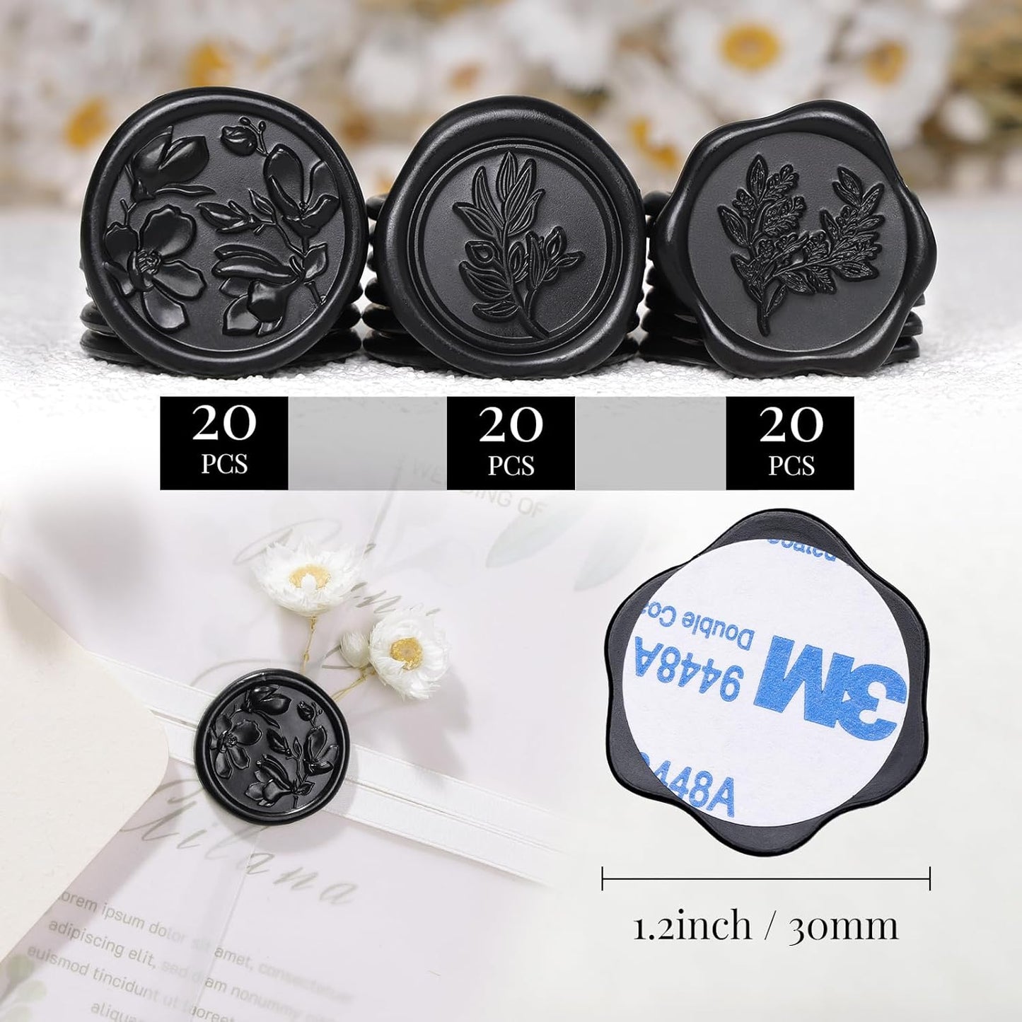 UNIQOOO Wax Seal Stickers - (3 Designs in 1 Pack) Wedding Invitation Envelope Seal Stickers, 60 Pcs Self-Adhesive Stickers, Perfect for Invitation, Christmas, Gift Wrapping