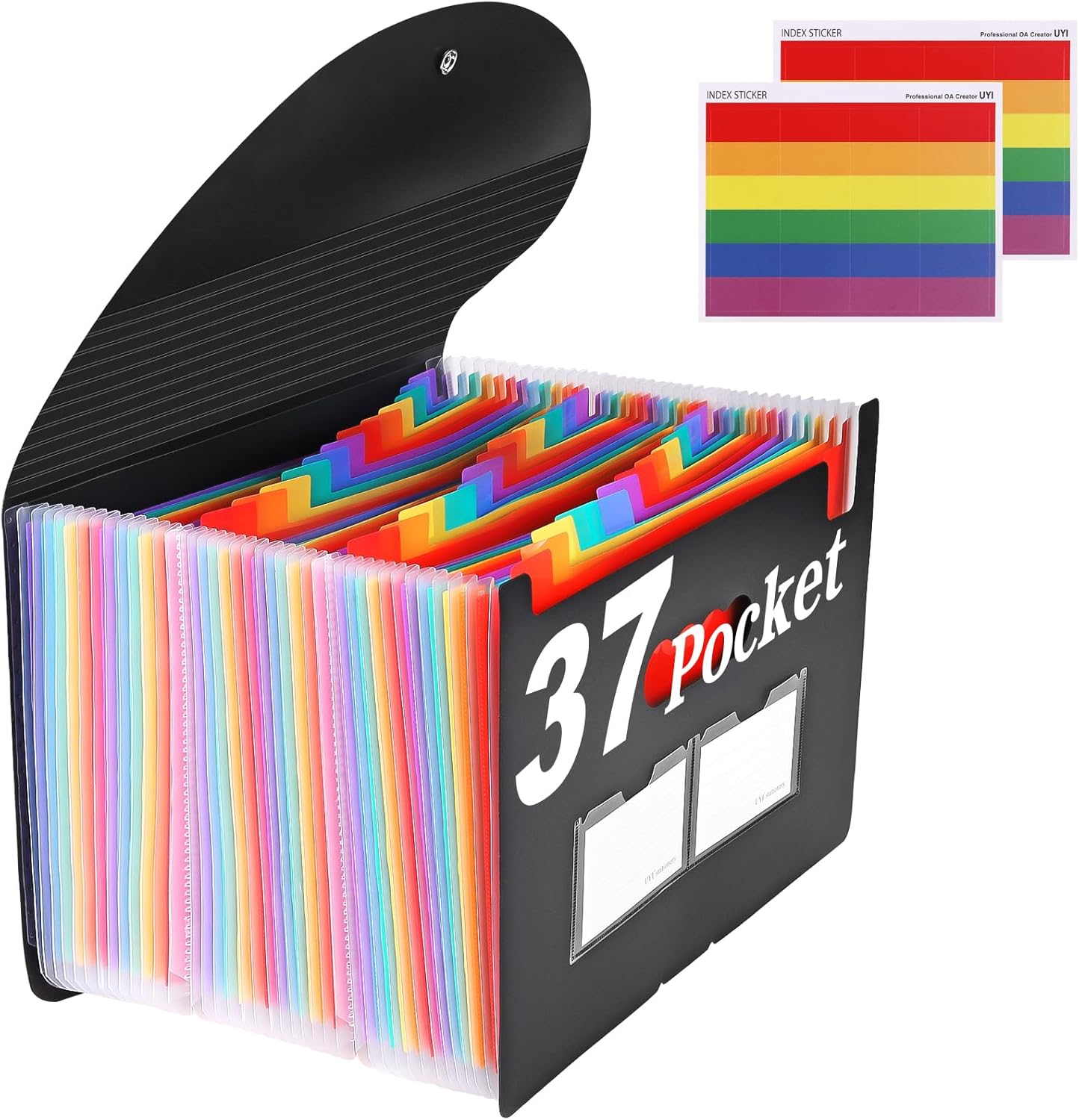 37-Pocket Expanding File Folder with Labels, A4/Letter Size Accordion Document Organizer, Portable Black Folder for Office, Travel, Business, School & Home