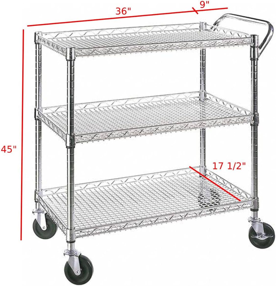 Heavy Duty 3 Tier Rolling Utility Kitchen Cart on Wheels,Large 45"L x 17 1/2"D x 45"H Metal Serving Cart Commercial Grade with Wire Shelving and Handle Bar for Office School Church Kitchen Hardware