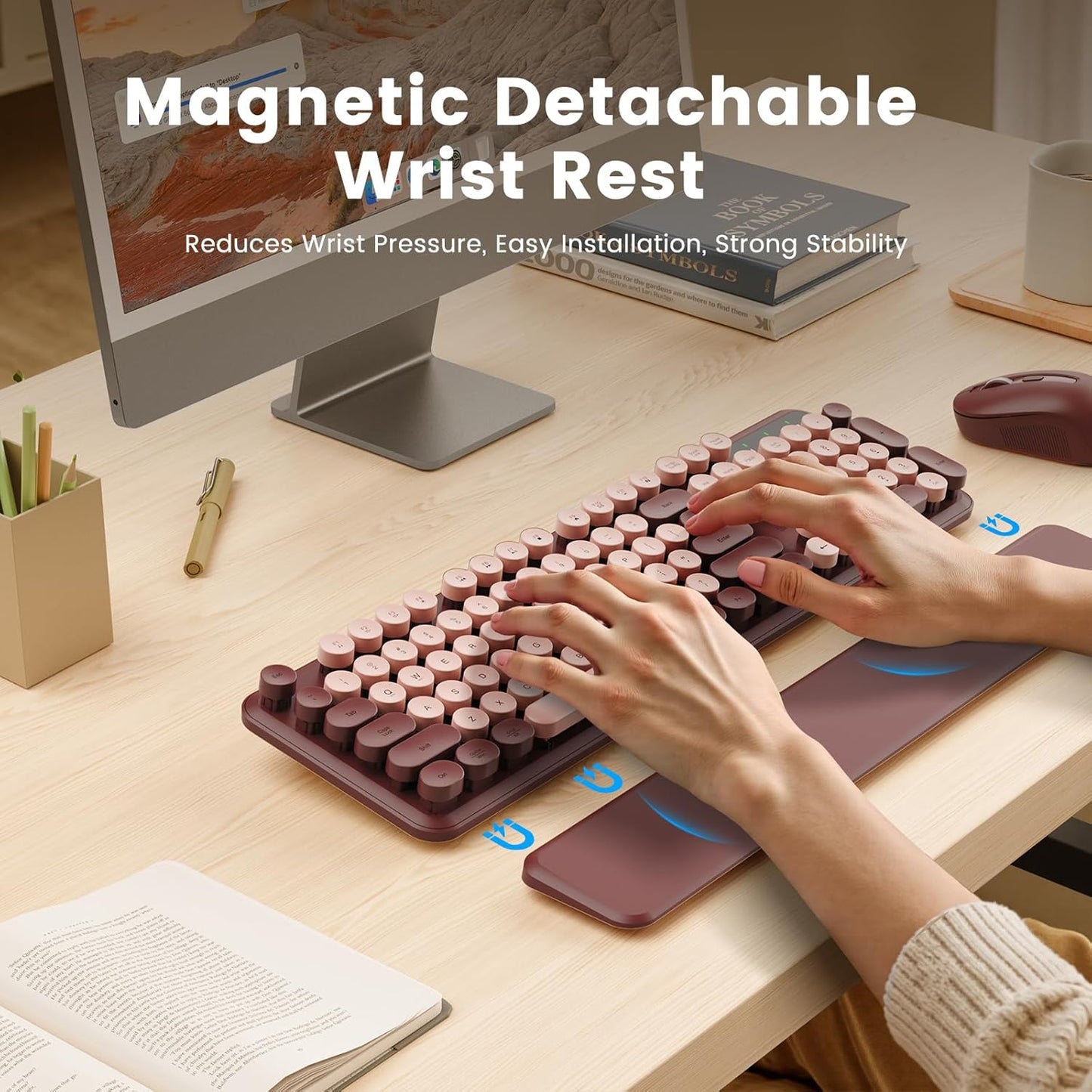 SABLUTE Wireless Keyboard, Round Keycaps, Retro Typewriter Keyboard with Detachable Wrist Rest, Sleep Mode, Foldable Legs, 2.4GHz Full-Size Cordless Computer Keyboard for Windows/PC/Laptop (Wine Red)