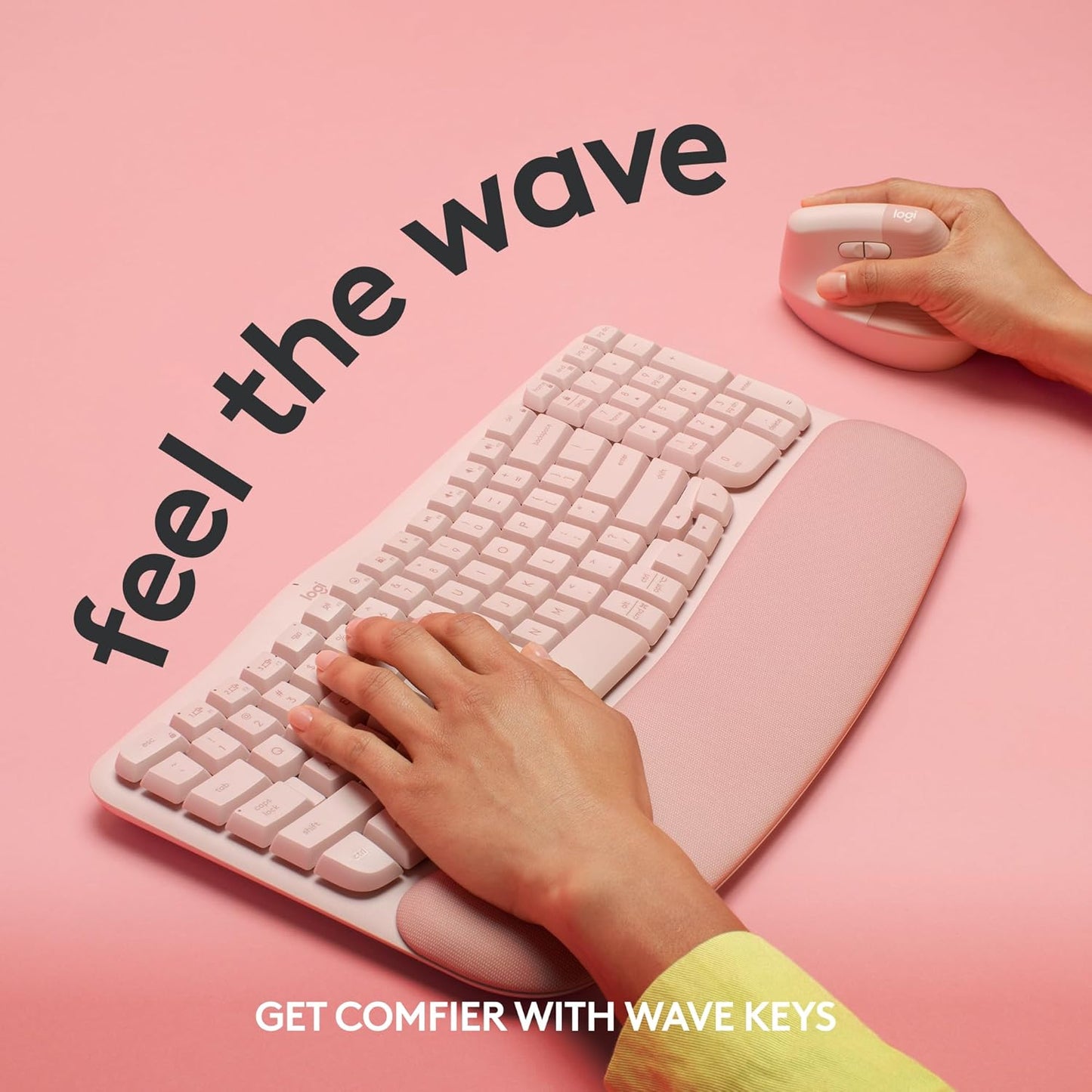 Logitech Wave Keys Wireless Ergonomic Keyboard with Cushioned Palm Rest, Comfortable Natural Typing, Easy-Switch, Bluetooth, Logi Bolt Receiver, for Multi-OS, Windows/Mac - Rose