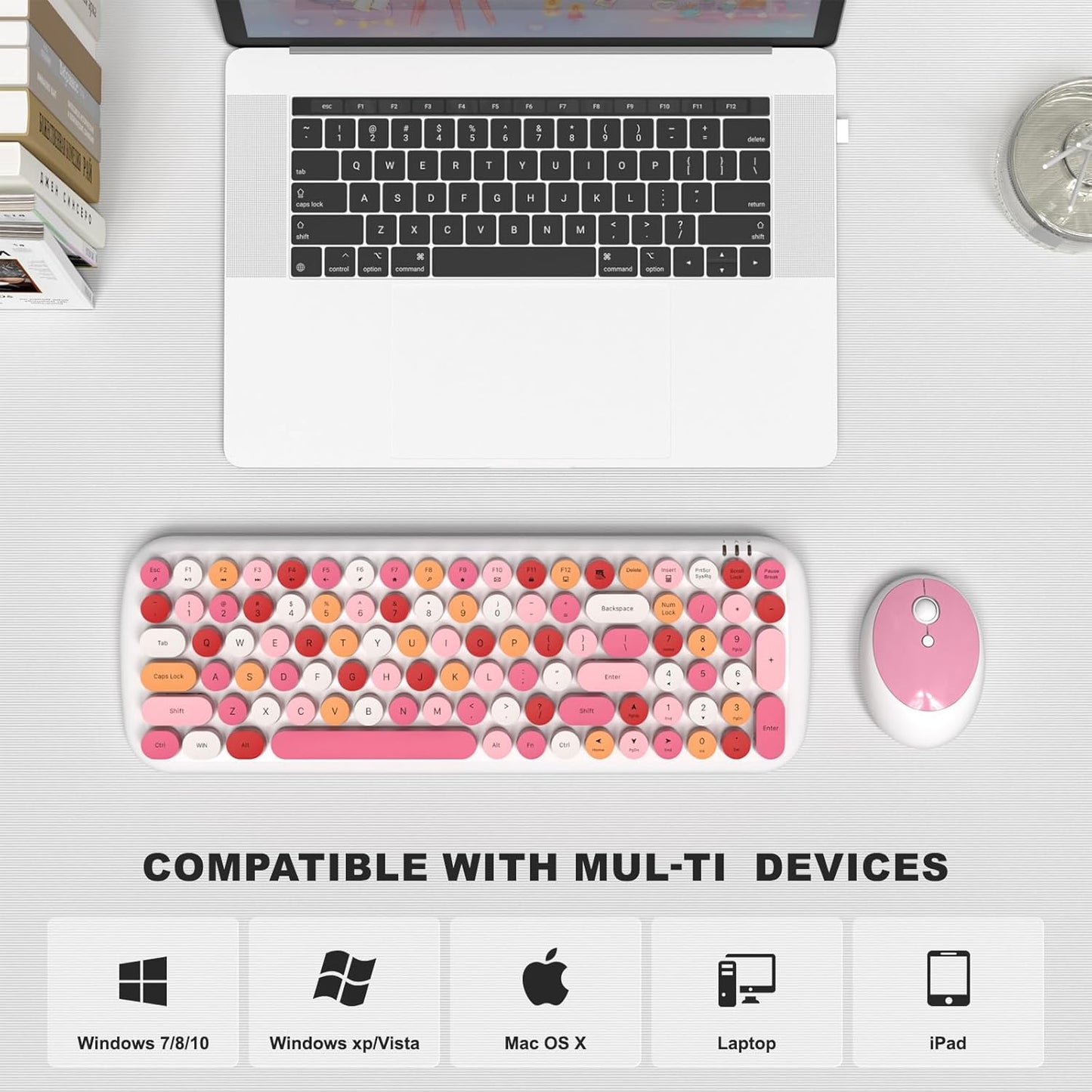 Wireless Keyboard and Mouse Combo, MOWUX - Modern Compact Layout, Colorful Compact Candy Mouse and Retro Round Keyboard Set with Cover, for PC/Laptop/Windows/Mac - White Pink Colorful