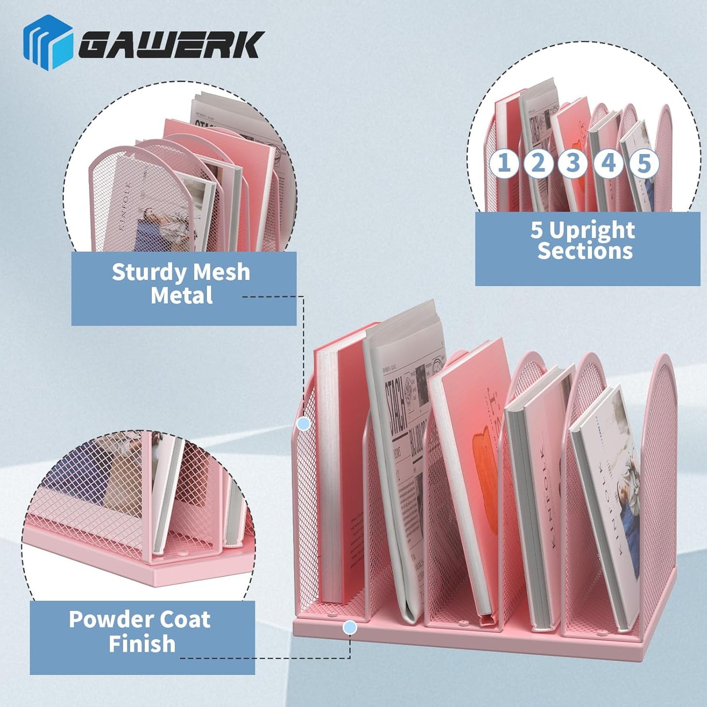 5-Section Vertical Desktop Organizer, 5-Section Mesh File Folder Stand Sorter for Office Home Classroom Organization (1, Pink)