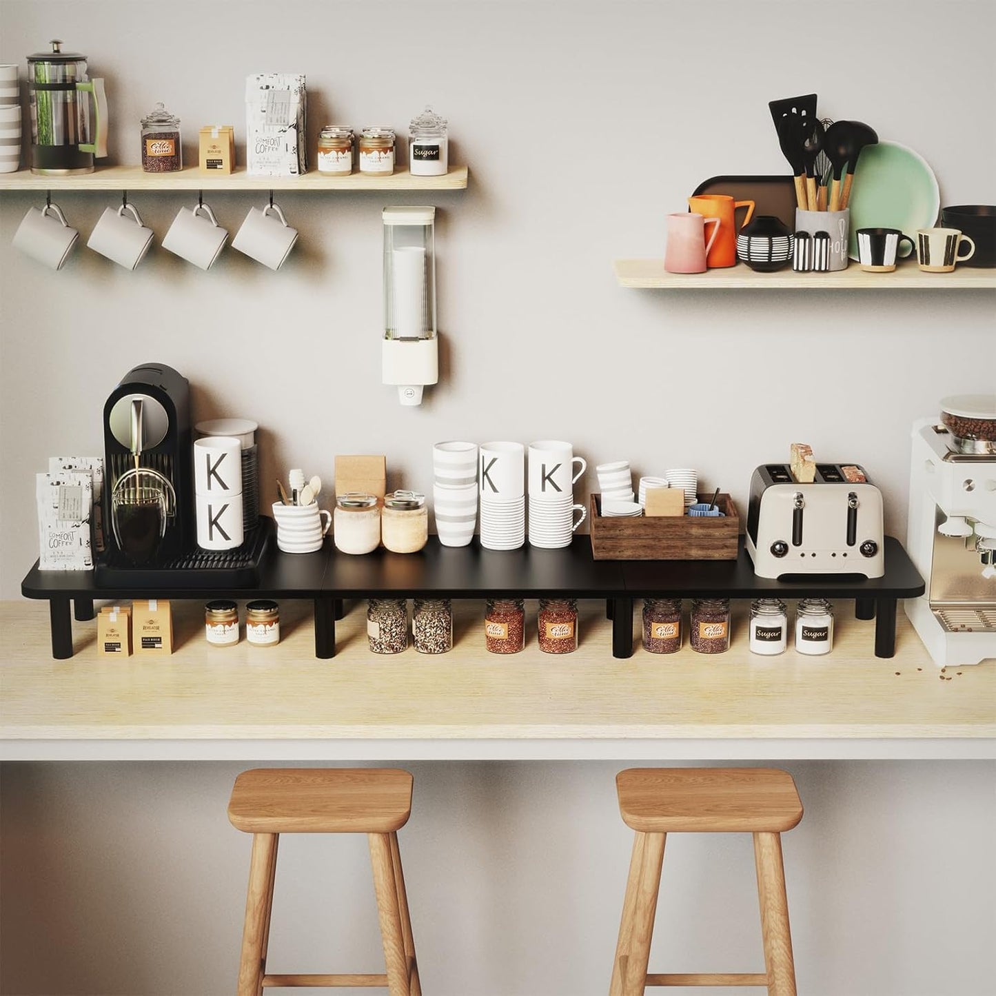 43.7" Extra Long Dual Monitor Stand Riser, Wood & Steel Monitor Stand for 2 Monitors, Wide TV Stand, Desktop Riser for Desk Organization, Home Office，Laptop,Printer,TV (Black)