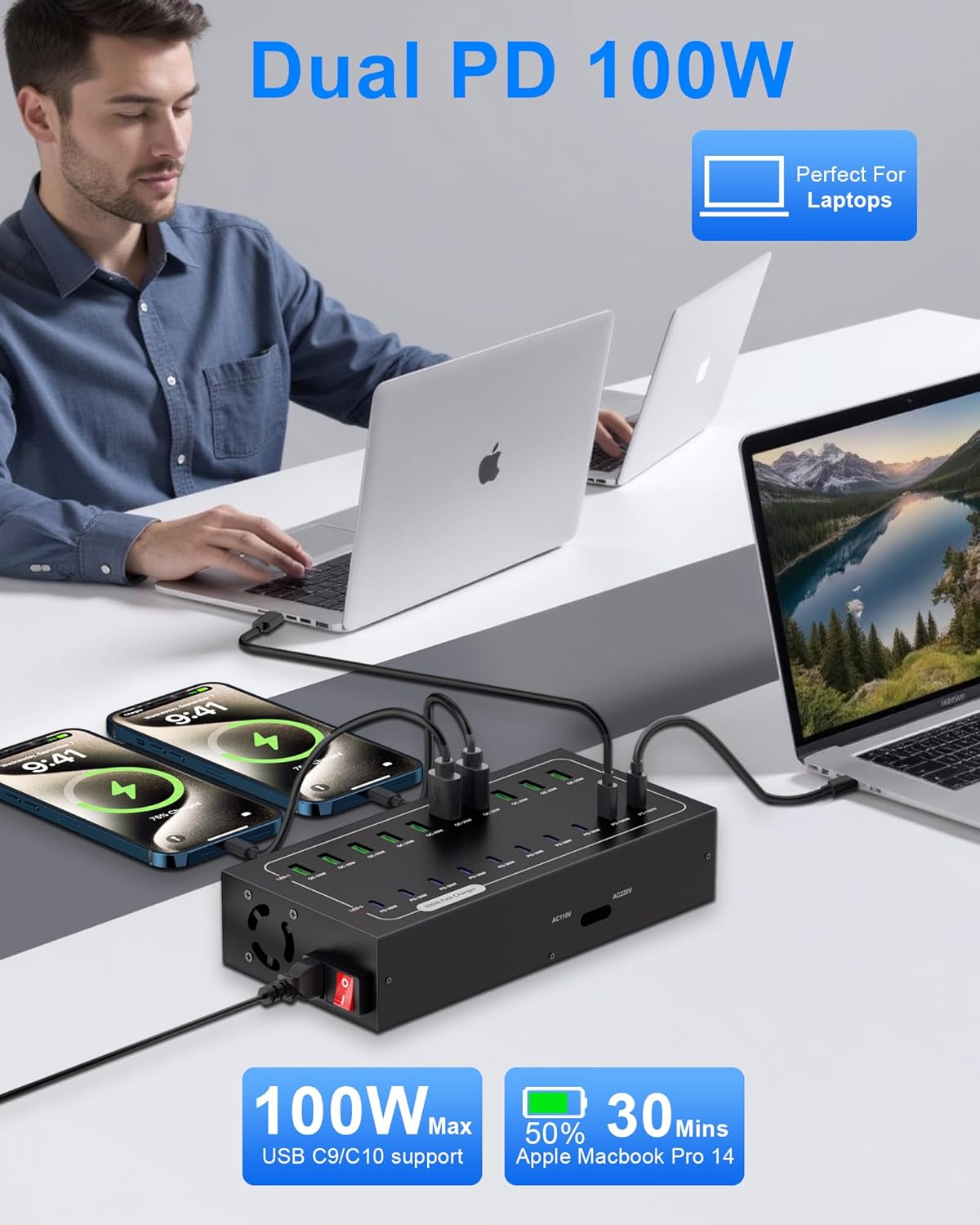 690W USB Charging Station, 20 Port Fast Charging Station for Multiple Devices, PD 100W USB C Charger Block, Smart Power Delivery & Multi Protection for Laptop MacBook iPhone, iPad, Tablet, and More