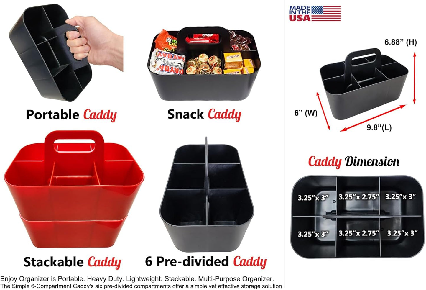 Small Stackable Plastic Caddy with Handle 6 Compartment | Desk, Makeup, Dorm Caddy, Classroom Art Organizers - 4 Pack, Made In USA (Black/Red/Blue/Hot Pink)
