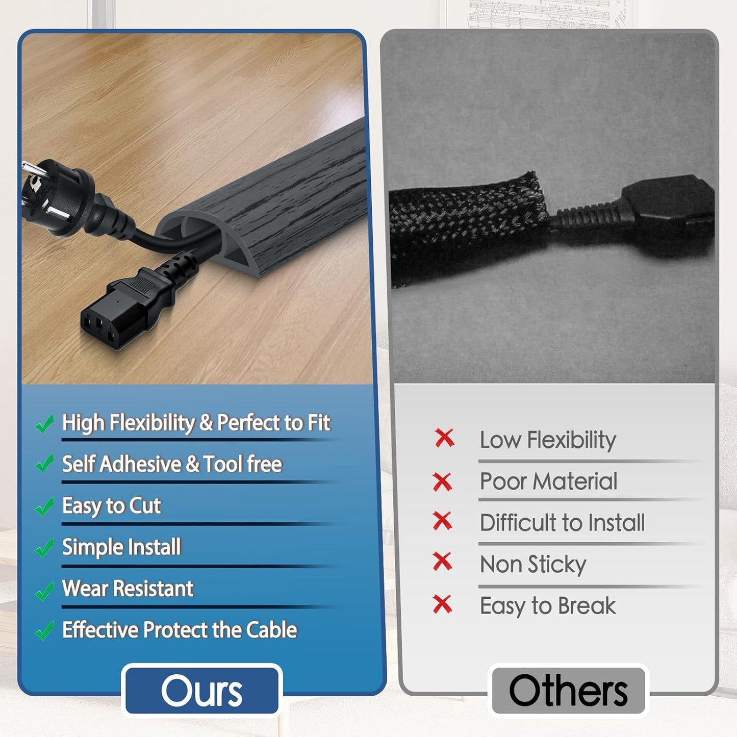 Floor Cord Cover for Wires on Floor Self Adhesive Cord Hider Floor Cable Management Wire Covers for Cords Protector Prevent Cable Trips Cord Cavity W 0.59" x H 0.31", Deep Gray Wood, 3.3Ft