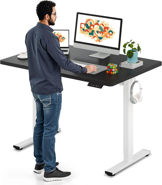 SANODESK Electric Standing Desk 48 x 30 Inches Whole-Piece Desktop Height Adjustable Stand Up Desk w/6-Button Controller Ergonomic Computer Desk for Home Office, White Frame + Black Tabletop