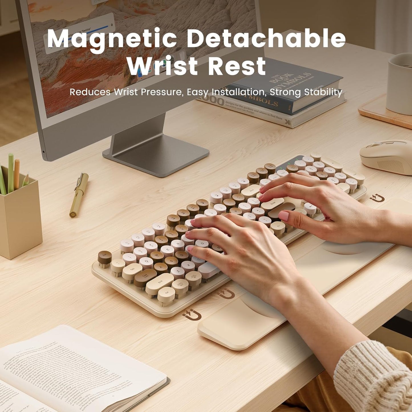 SABLUTE Wireless Keyboard, Round Keycaps, Retro Typewriter Keyboard with Detachable Wrist Rest, Sleep Mode, Foldable Legs, 2.4GHz Full-Size Cordless Computer Keyboard for Windows/PC/Laptop (Latte)