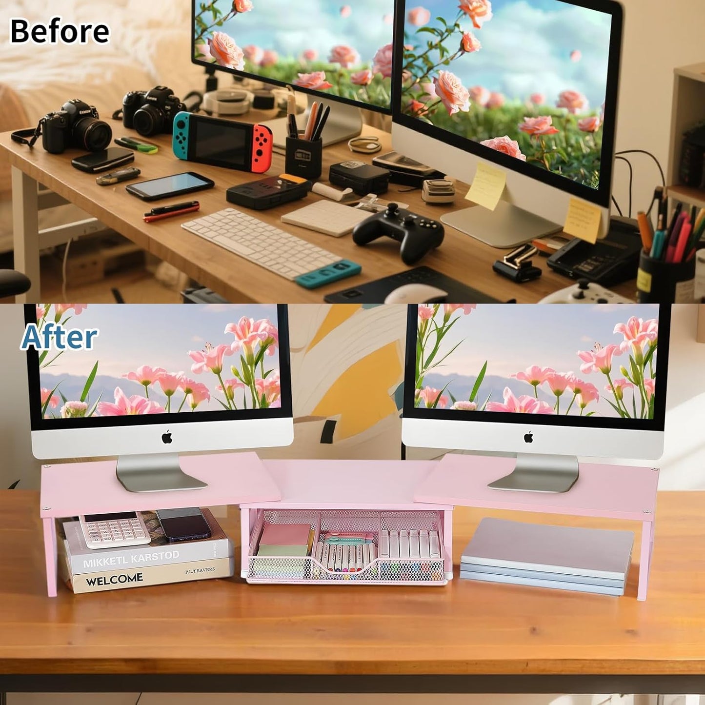 Dual Monitor Stand Riser, Desk Organizer with Drawer, Office Desk Organizers and Accessories, Office Workspace Organization Computer Monitor Stand for Laptop, Printer, TV（Pink）