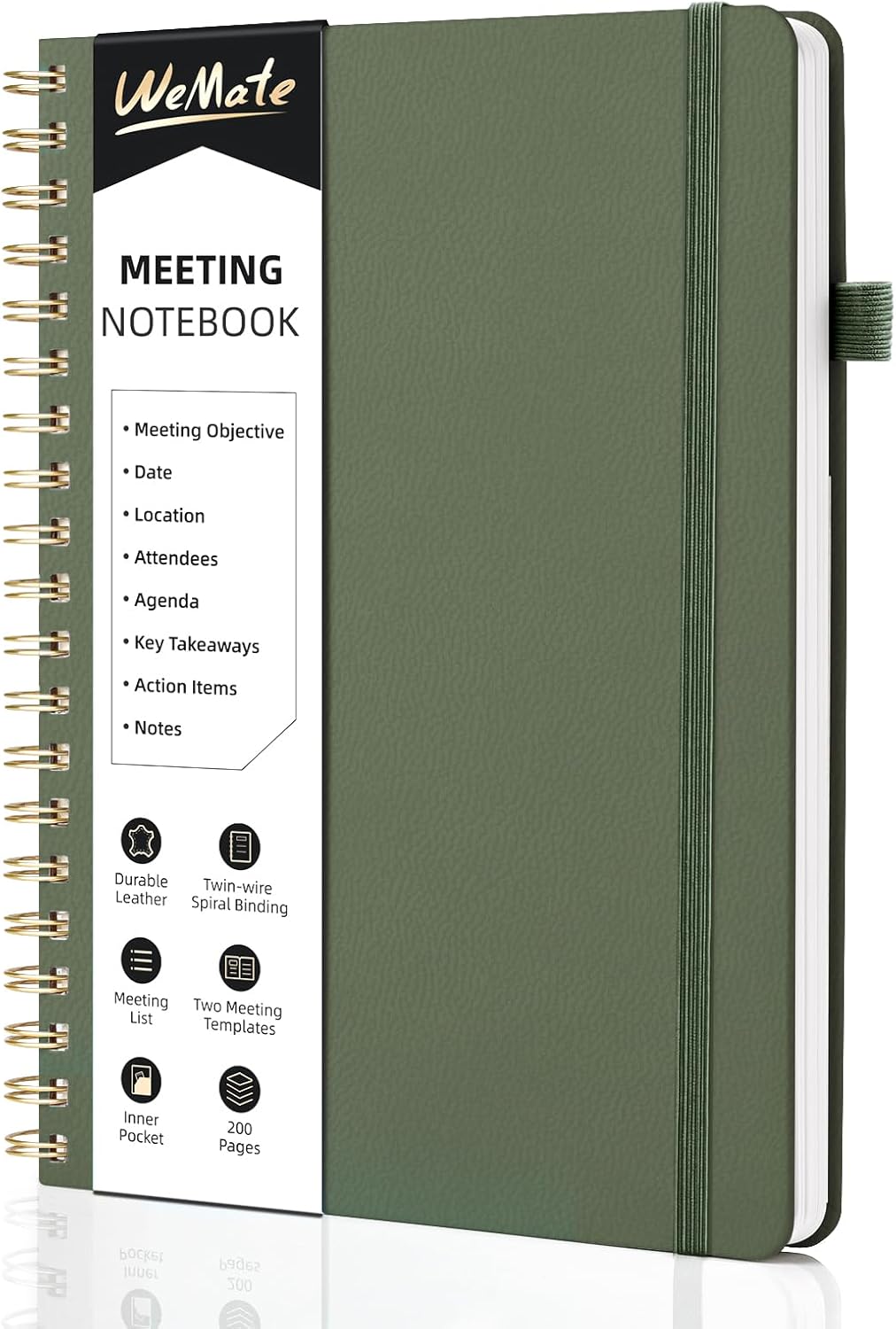 WEMATE Meeting Notebook for Work B5 (7"x10") - PU Leather Work Notebook with Agenda, Action Items & Notes - 200 Pages for Men&Women, Staff and Students, Meeting, Projects Planning - Olive Green