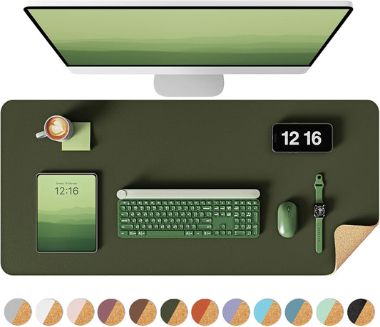 YSAGi Double-Sided Desk Pad, 31.5"x15.7" Leather Desk Mat, Eco Cork Desk Pad Protector,Large Mouse Pad,Waterproof Desk Blotter for Office/Home (Dark Green/Cork)