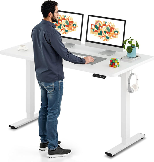 SANODESK Electric Standing Desk 55 x 28 Inches Whole-Piece Desktop Height Adjustable Stand Up Desk w/6-Button Controller Ergonomic Computer Desk for Home Office, White Frame + White Tabletop