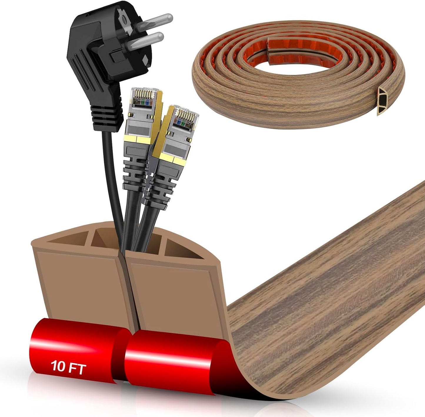 Floor Cord Cover Self Adhesive Cord Hider,10FT Cable Management, Extension Strip Protector for Wires, Prevent Cable Trips for Offices, Gyms, Exhibitions Cavity:0.51"(W) x0.3(H) Woodsmokedbrown