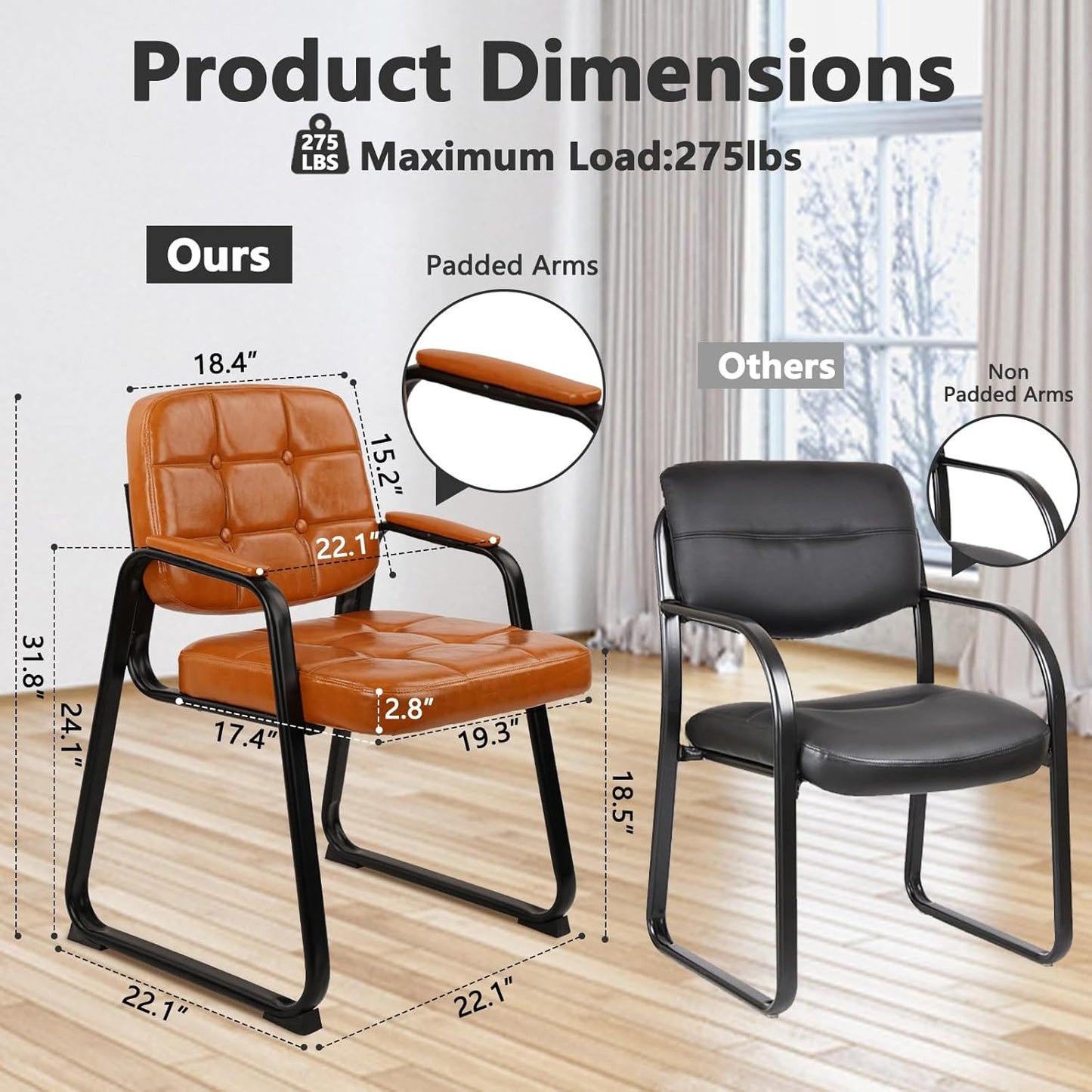 CLATINA Office Guest Chair, Leather Reception Chairs with Padded Arms, Desk Chair No Wheels Stationary for Conference Lobby Waiting Room Training Side Elderly, Set of 4-Orange