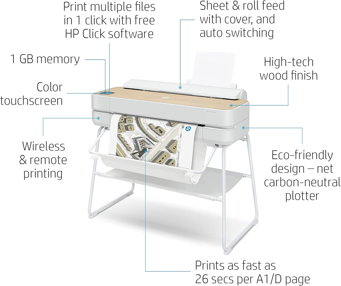 HP DesignJet Studio Large Format 24-inch Wireless Plotter Printer, Includes 3-Year Onsite Warranty Support (5HB12H)