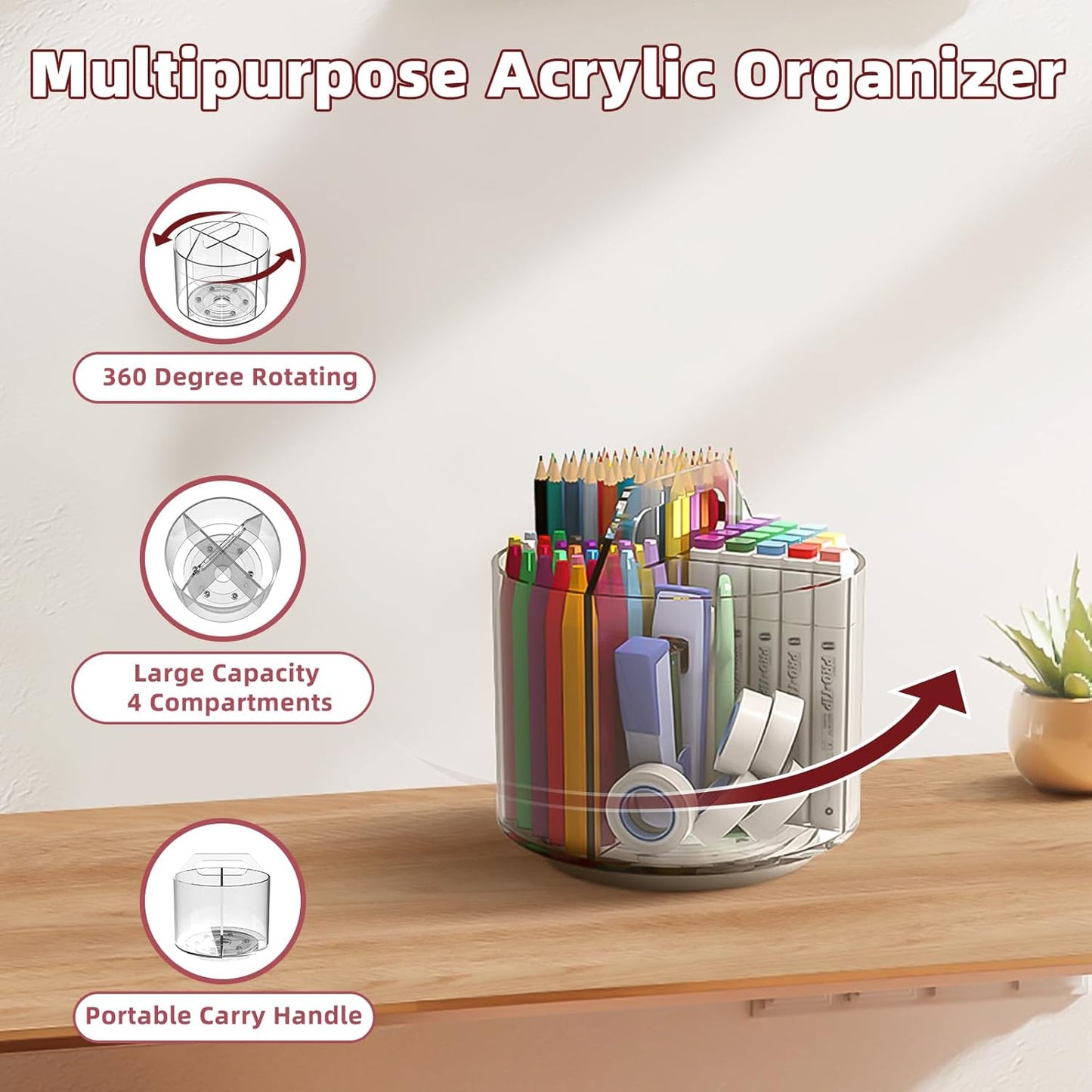 Absonic Pencil Holder for Kids, 360 Rotating Pen Holder for Desk Organizer and Storage, 4 Compartments Art Supply Marker Organizer, Acrylic Kids Desk Organizer for School Lazy Susan Organizer