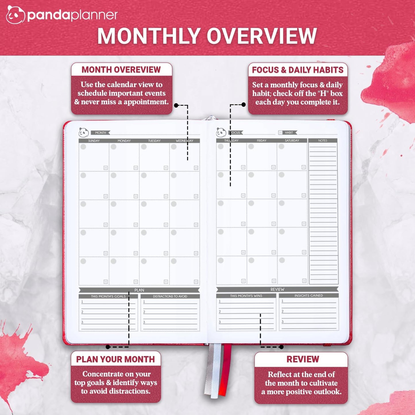 Panda Planner Classic Daily Planner 2025-2026 – Undated Productivity Planner & Hourly Schedule Notebook – Day Planner for Focus, Goals & Organization – Raspberry