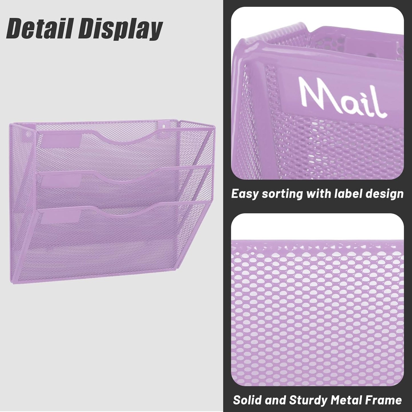 EASEPRES 3 Pocket Mesh Hanging Wall File Organizer, Wall Mounted Mail Paper Document Folder Holder, Clipboard Storage Organization Magazine Rack with Nametag Label for Office Home School, Light Purple