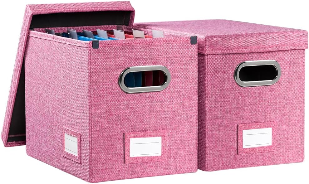 PRANDOM File Organizer Box - Set of 2 Collapsible Decorative Linen Filing Storage Hanging File Folders with Lids Office Cabinet Letter Size Pink (14x9.3x10.8 inch)