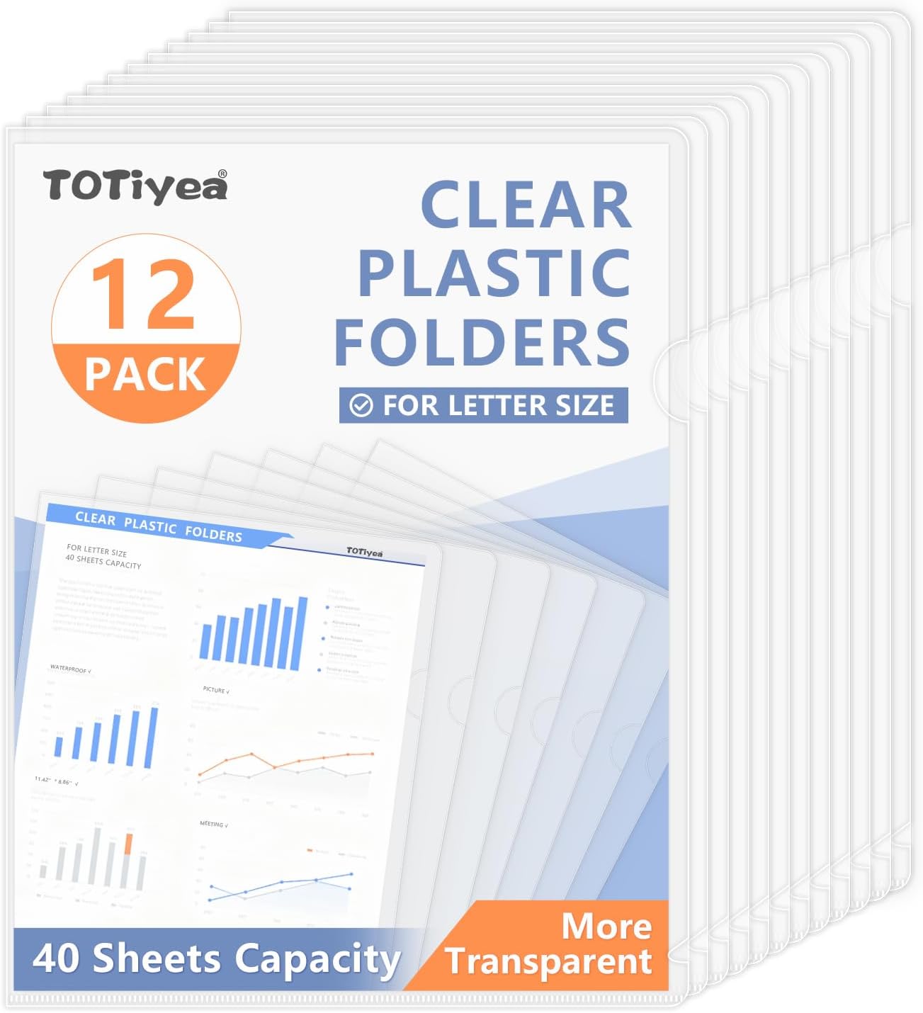 TOTiyea 12 Pack Clear Folder, Plastic L-Type Folders, Clear Copy Safe Project Pocket, Fits Letter Size 8.5x11 Paper, Transparent