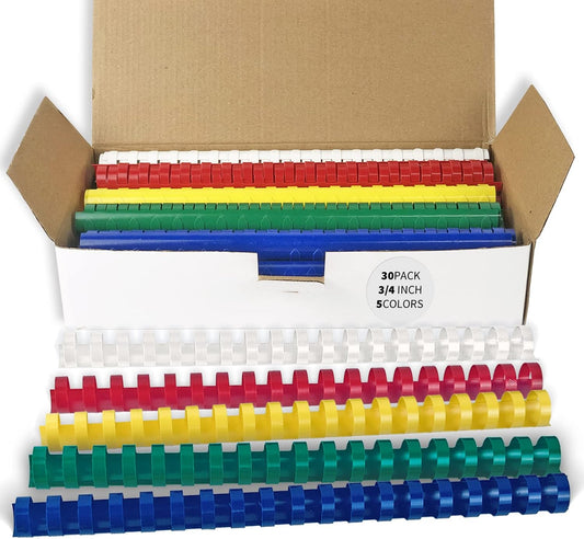 Binditek 30 Pack Plastic Binding Comb Spines, 3/4 Inch Diameter, 150 Sheet Capacity, 19 Ring, for Letter Size, Multi Color (White, Yellow, Red, Green, Blue)