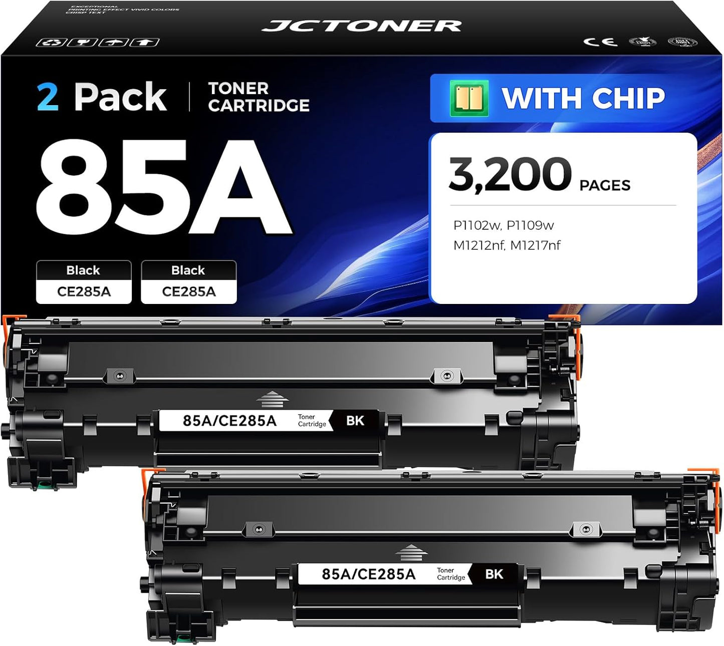 85A Black Toner Cartridge 2-Pack with chip High Yield Replacement for HP 85A CE285A Compatible with HP Laserjet Pro MFP M1212nf M1217nfw P1102w P1109w Printer P1102 P1109 M1212 M1217 Series Ink Copy