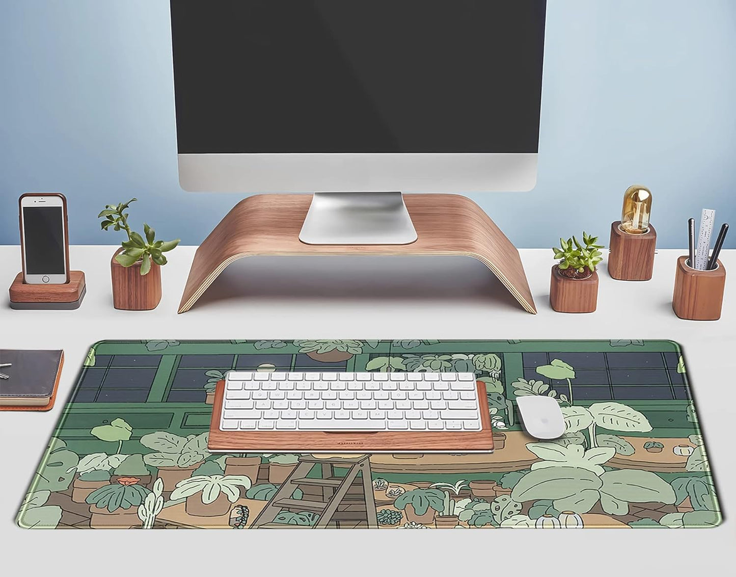 Kawaii Bear XL Gaming Mouse Pad & Desk Mat - 31.5x11.8 in, Aesthetic Brown & Green Forest Keyboard Pad