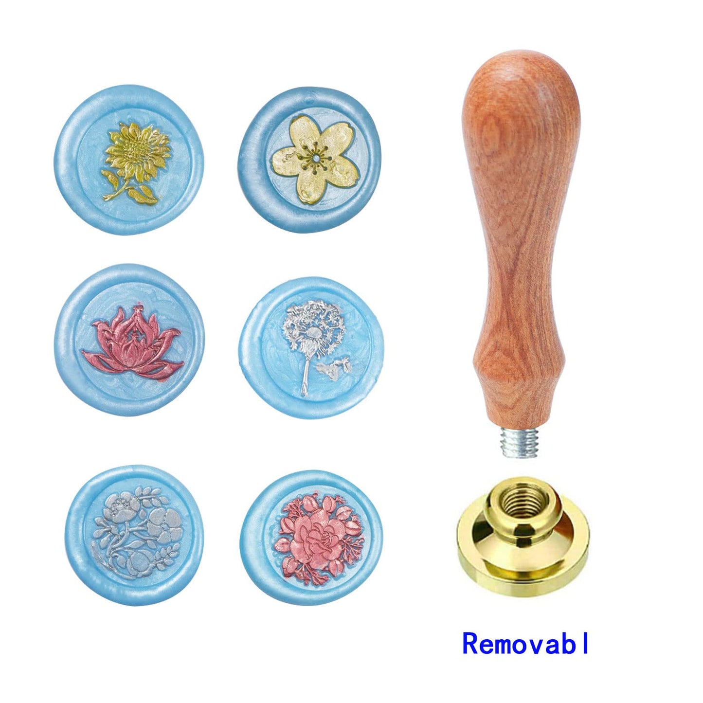 Flower Wax Seal Stamp Set with 6 PCS Removable Brass Heads and 1 Wooden Handle - Sunflower, Three Flowers, Lotus, Dandelion Sealing Wax Stamp for Cards & Invitations