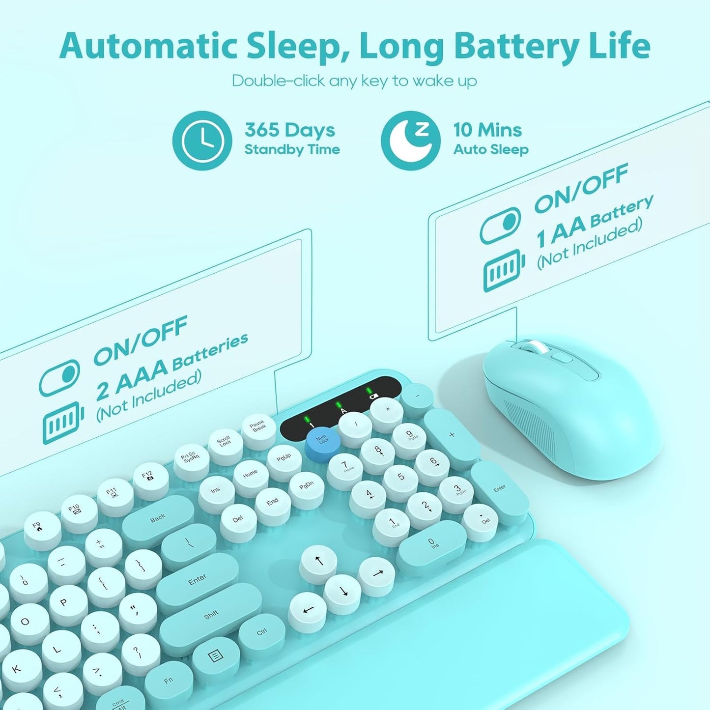Wireless Keyboard and Mouse Combo, Full-Size Retro Typewriter Keyboard with Detachable Wrist Rest, Round Keycaps, Sleep Mode & Tilt Legs, 2.4GHz Cordless Connection for Windows/PC (Robin Egg Blue)