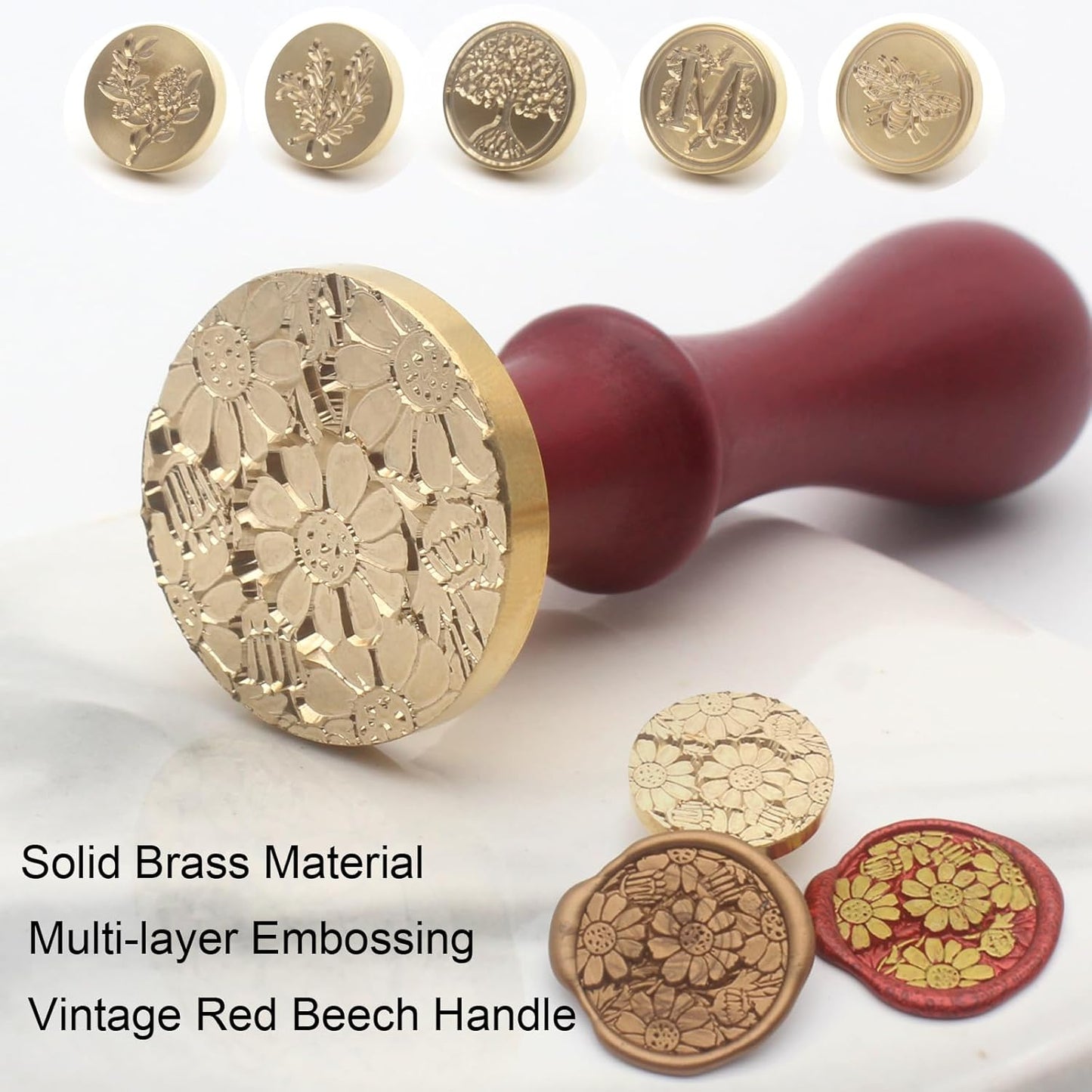 Wax Seal Stamp Set - 6 Pcs Botanical Copper Seals, 1 Wooden Hilt, Kit Including Eucalyptus, Bee, Daisy, Rosemary, Tree Life, Letter M Patterns