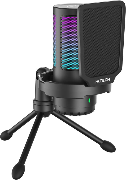 IXTECH USB Gaming Microphone for PC, RGB Condenser Microphone with Tripod Stand, Pop Filter, Rotate Gain Button, and Quick Mute, Noise Cancellation Computer Mic for Streaming, Gaming, Podcasting