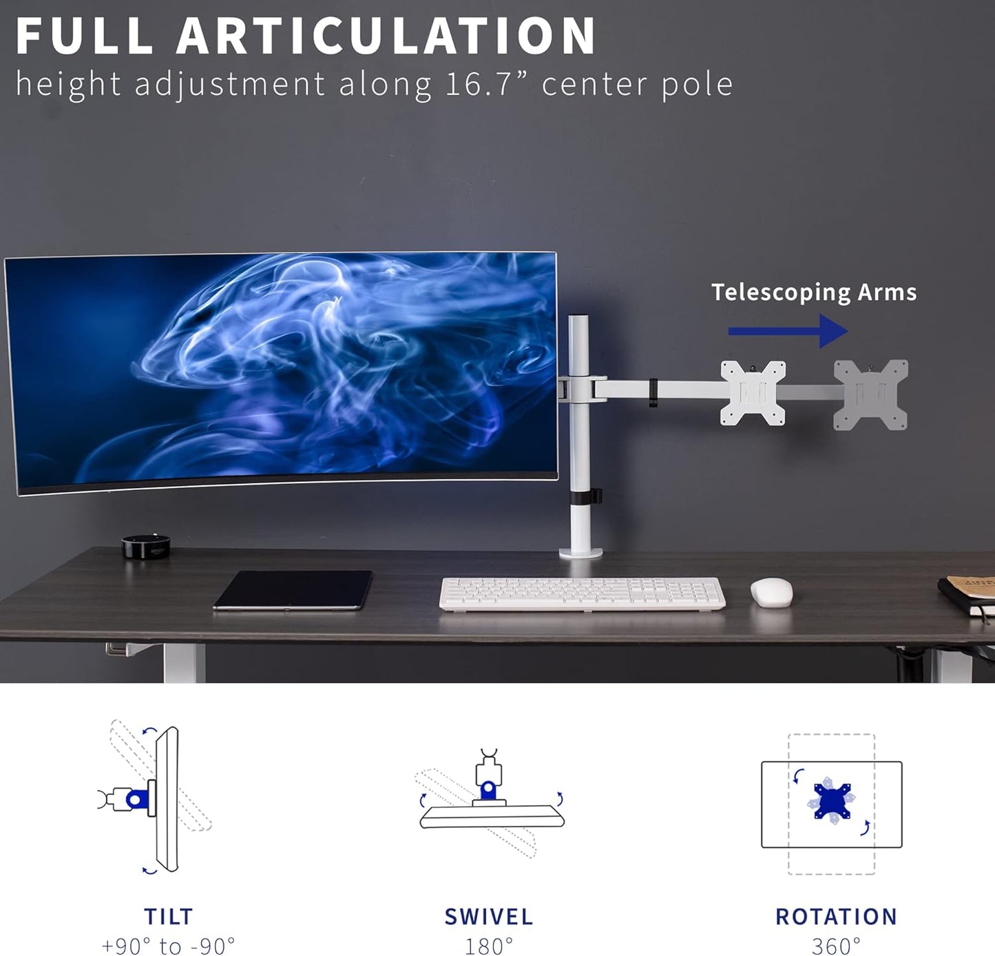 VIVO Premium Dual Ultra Wide LCD LED 27 to 38 inch Monitor Desk Mount, Heavy Duty, Adjustable Telescoping Arms, Flush Wall Setup, Fits 2 Screens, White, STAND-TS38CW