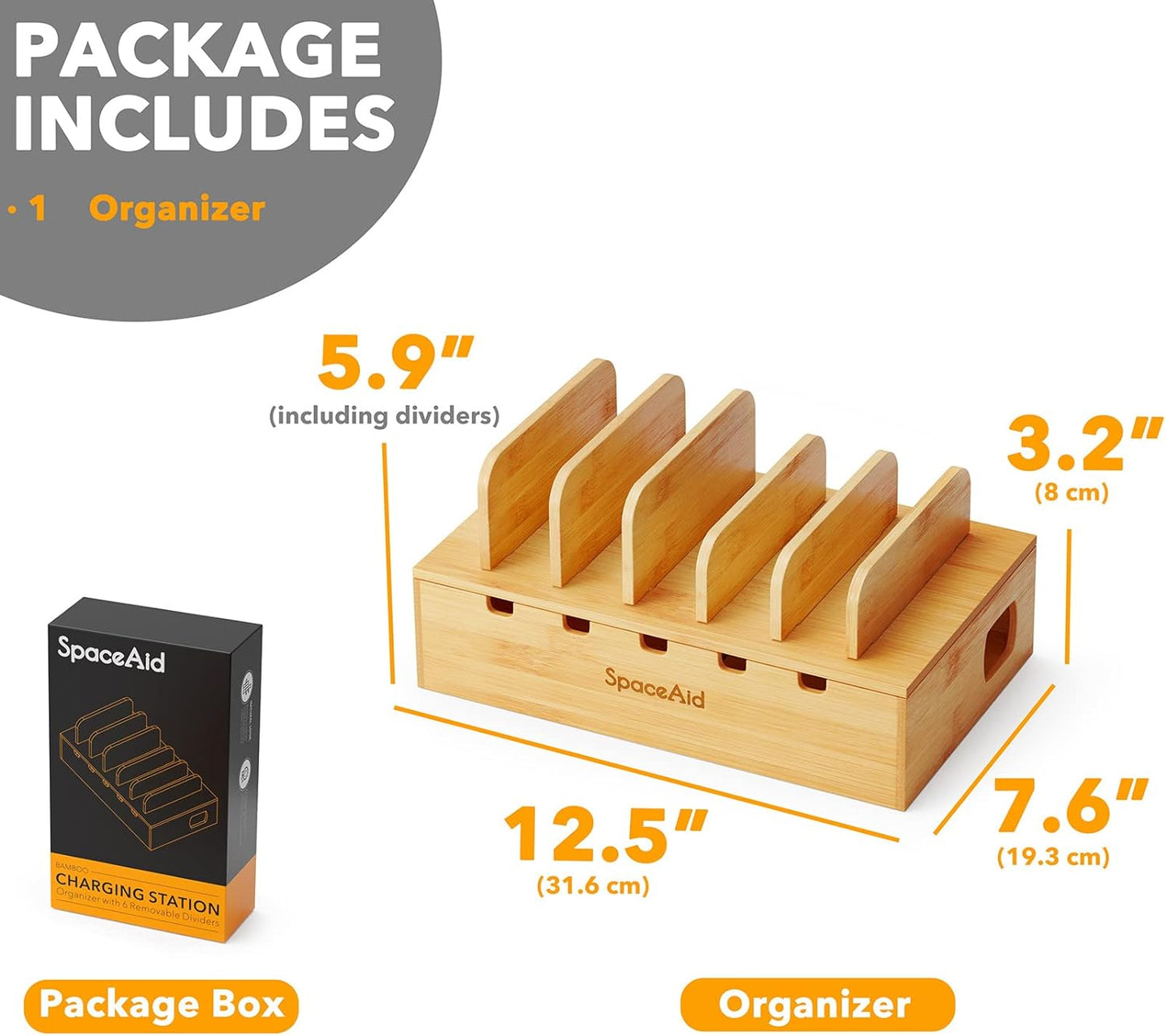 SpaceAid Bamboo Charging Station for Multiple Devices, Cell Phone Docking Stations for Multi Laptop, Tablets and iPads, Nightstand Bedside Desk Device Charger Organizer (Natural)