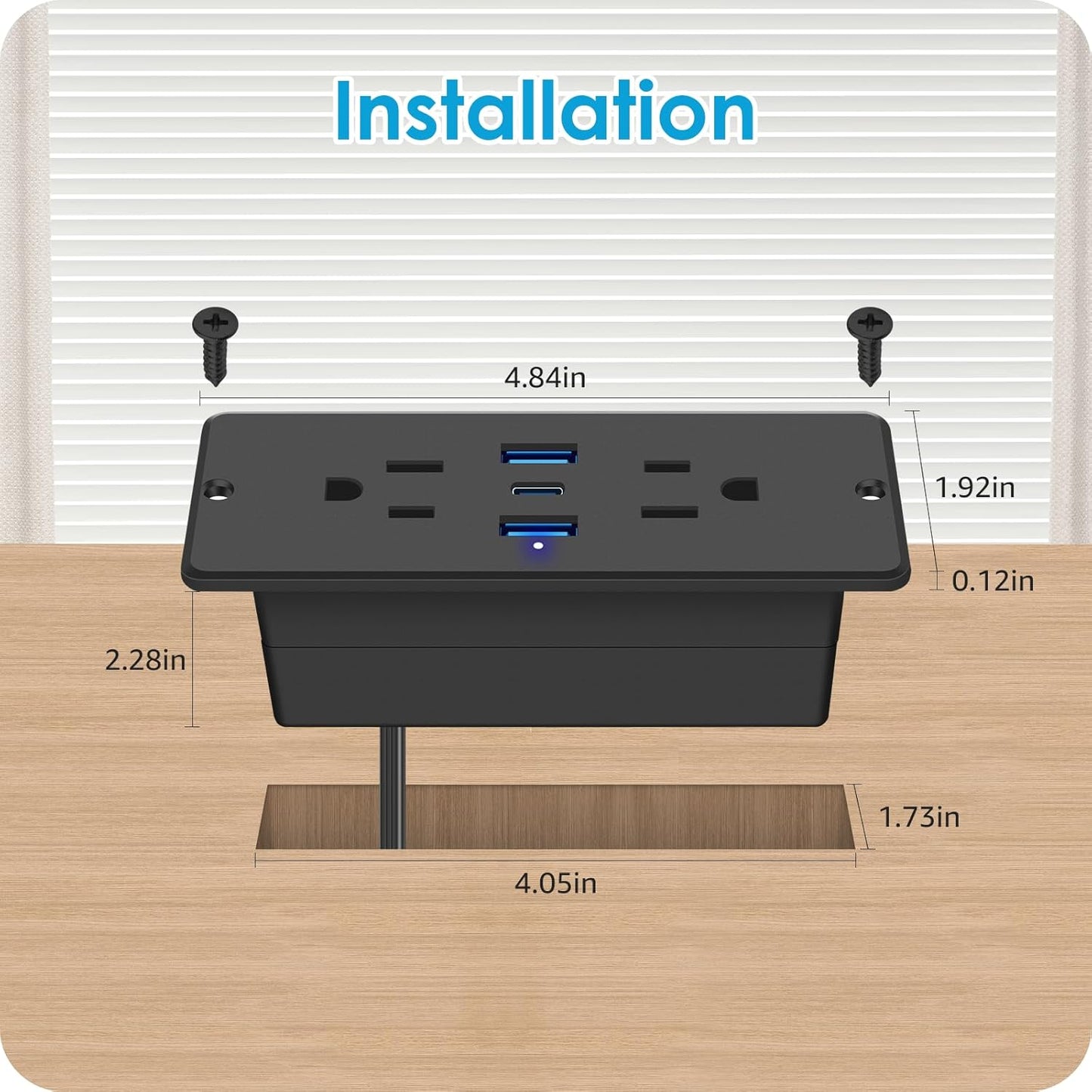 HHSOET 5 in 1 Recessed Power Strip Flat Plug, 65W Fast Charging Furniture Outlet with USB, Conference Recessed Socket with 2 AC Plugs, 2 USB Ports 1 USB-C, 6ft Power Cord. (Black)